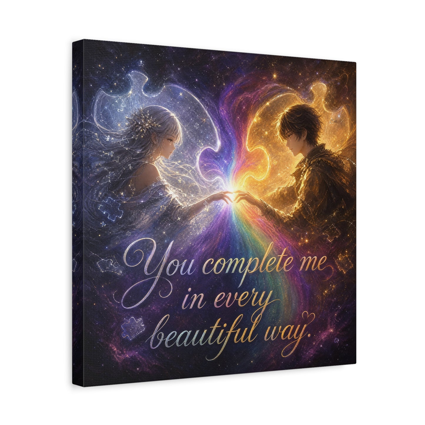 "You Complete Me In Every Beautiful Way" Romantic Couple Canvas Wall Art - Celestial Puzzle Soulmate Quote Print, Fantasy Love Decor - Bedroom Wall Hanging - Ready to Hang - Bedroom Home Decoration