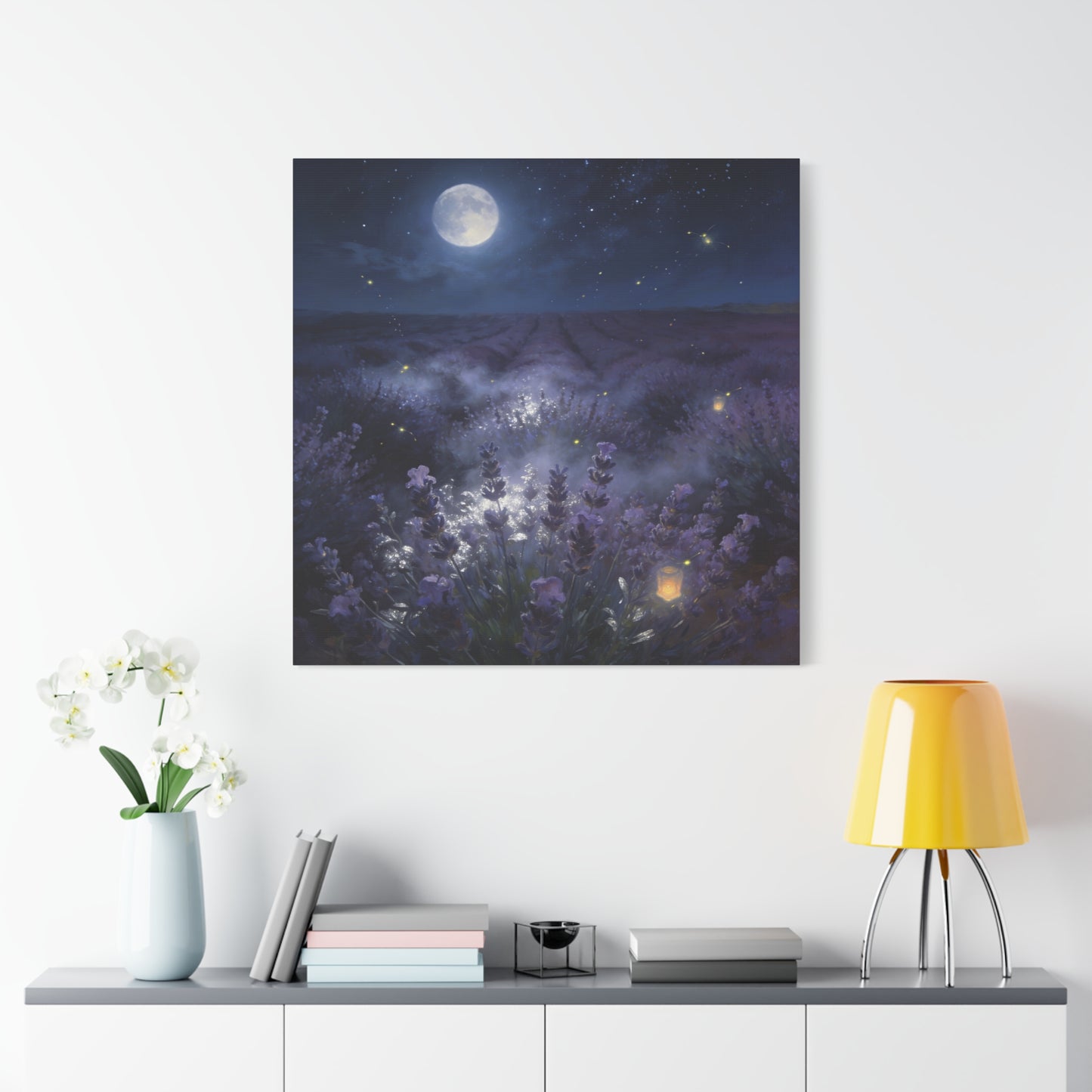 Moonlit Lavender Field Canvas Wall Art - Firefly Night Landscape, capiz shells wall decor - Matte Cotton Art Print, Calming Traditional Style - Bedroom Home Decoration, Office Wall Art - Ready to Hang
