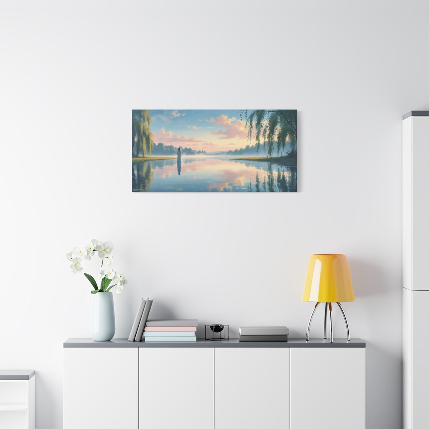 Woman In White By Misty Lake Canvas Wall Art - Pastel Sunrise Waterscape, Willow Trees Reflection - Matte Cotton Print - Contemporary Landscape Decor For Living Room Bedroom Office - Office Wall Art