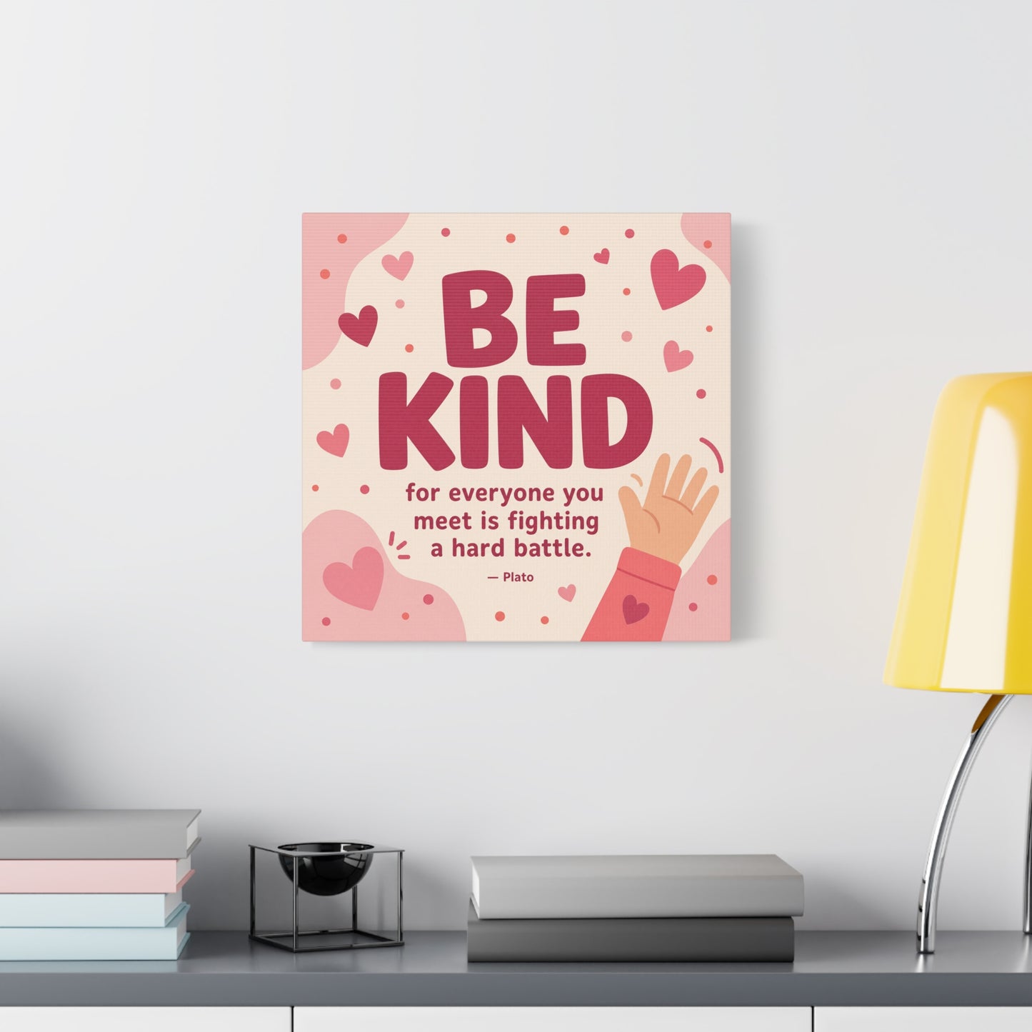 "Be Kind For Everyone You Meet Is Fighting A Hard Battle. - Plato" Canvas Wall Art - Pink Heart Typography Print - Inspirational Bedroom Decor - Modern Nursery Wall Hanging - Bedroom Home Decoration