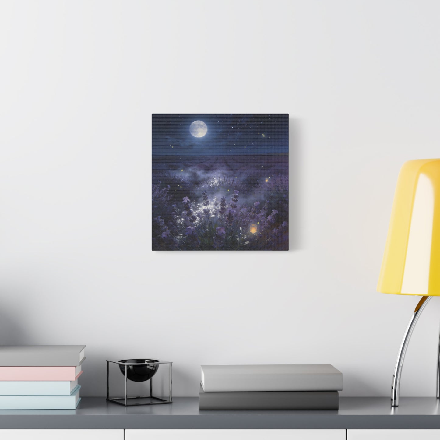Moonlit Lavender Field Canvas Wall Art - Firefly Night Landscape, capiz shells wall decor - Matte Cotton Art Print, Calming Traditional Style - Bedroom Home Decoration, Office Wall Art - Ready to Hang