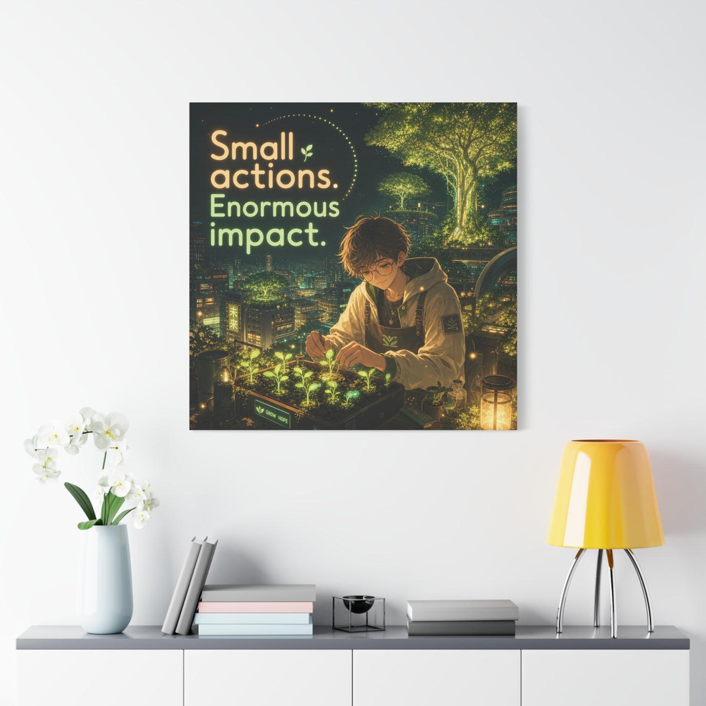 "Small Actions. Enormous Impact." Inspirational Canvas Wall Art - Anime Boy Gardening Cityscape - Glowing Green Night Illustration - Bedroom Home Decoration, Home Office Decor - Living Room Wall Decor