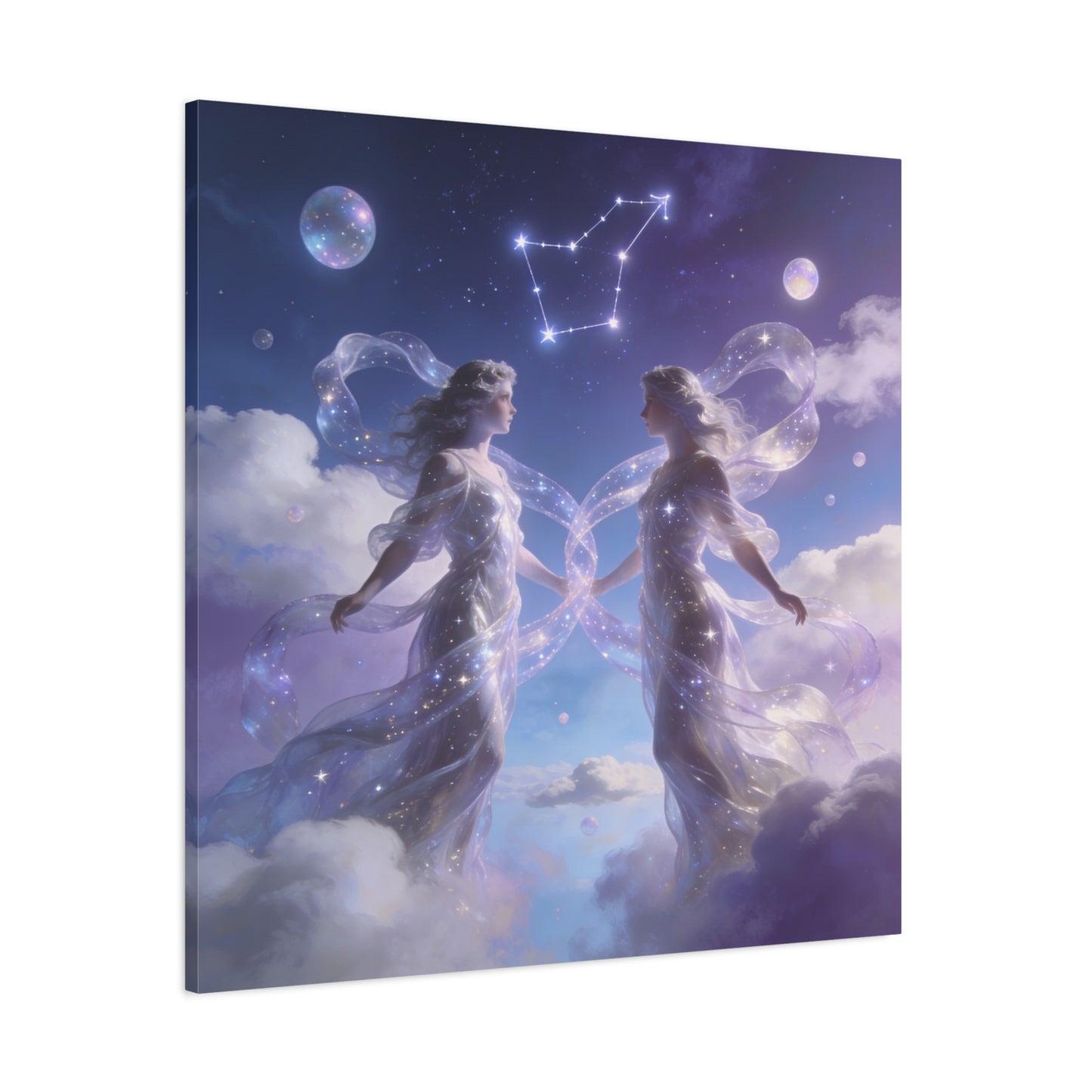 Gemini Zodiac Canvas Wall Art - Celestial Twin Women Under Constellation, Dreamy Fantasy Sky Scene - Matte Cotton Art Print - Bedroom Wall Decor, Meditation Space Accent - Bedroom Home Decoration