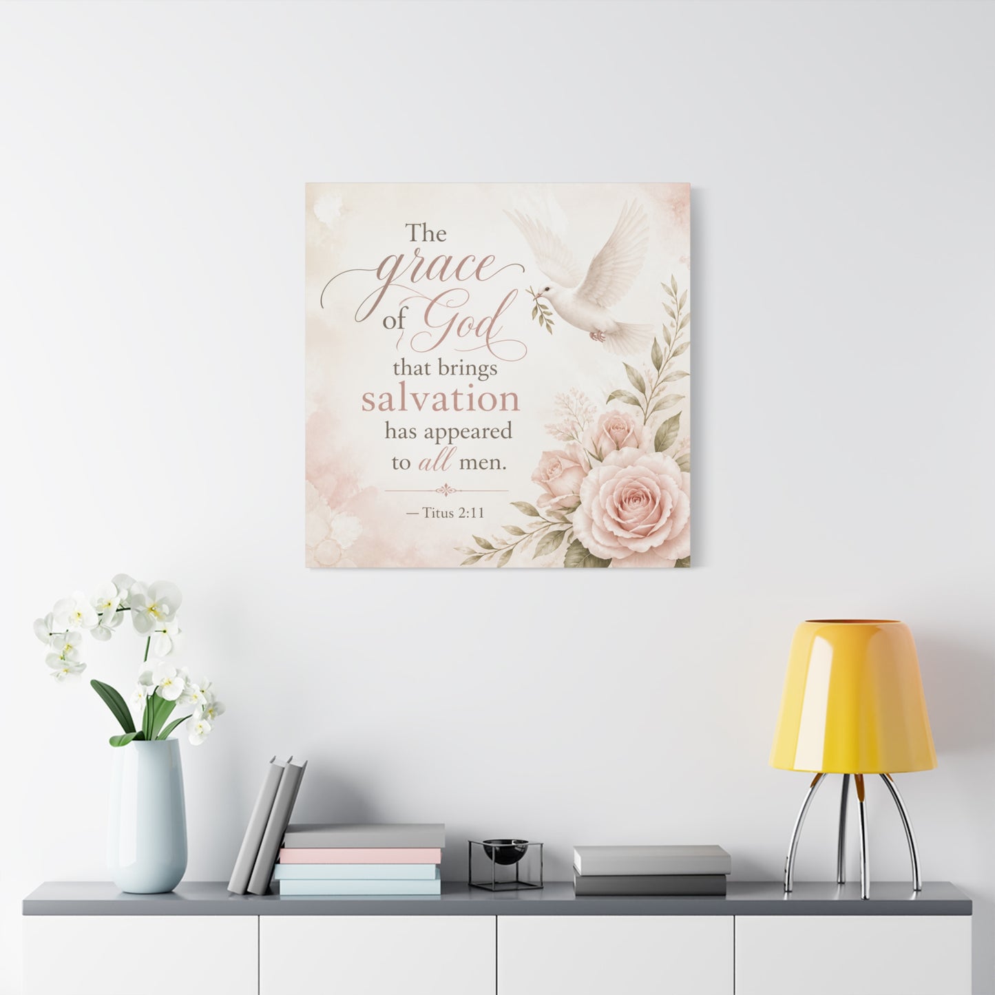"The Grace Of God That Brings Salvation Has Appeared To All Men" Canvas Wall Art - Dove, Roses, Titus 2:11 Scripture Print - Blush Floral Christian Decor - Bedroom Living Room Accent - Office Wall Art