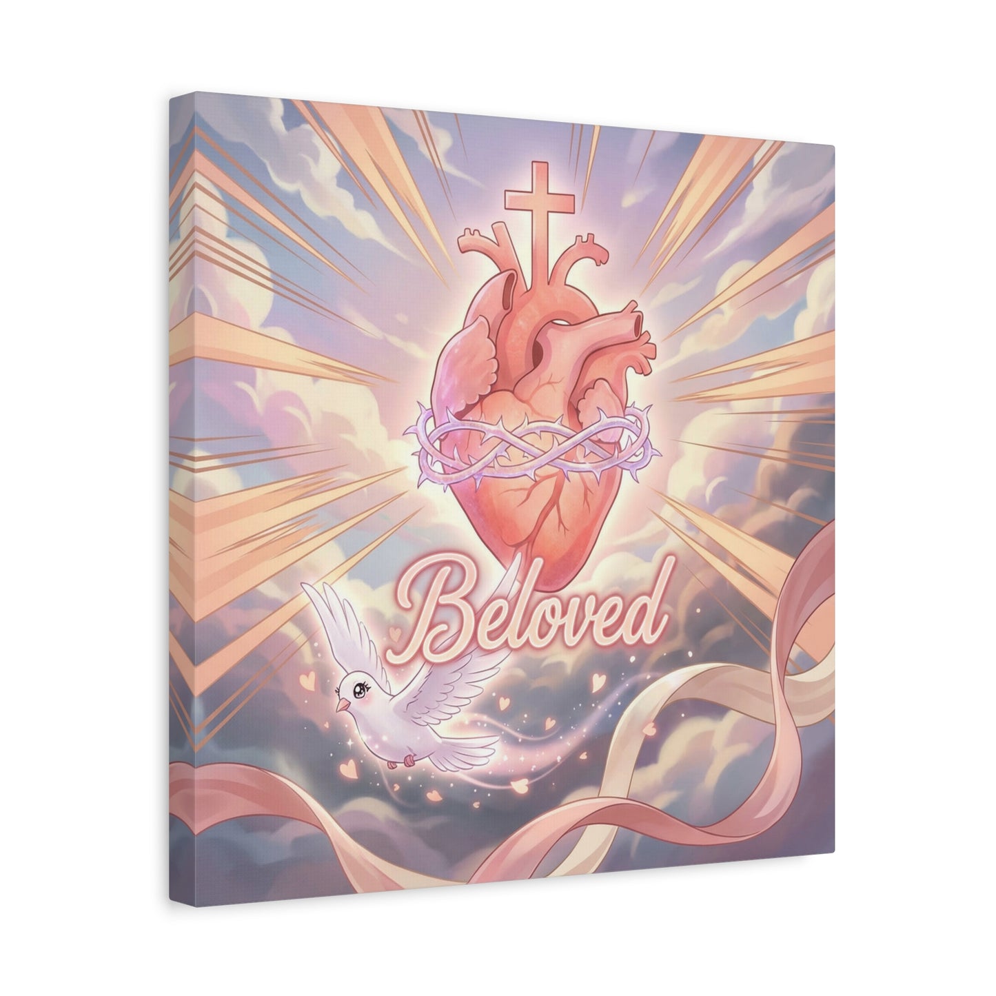 "Beloved" Sacred Heart Canvas Wall Art - Cross, Dove, Crown Of Thorns Christian Decor - Pink Pastel Religious Print - Inspirational Bedroom Home Decoration, Living Room Wall Decor - Ready to Hang