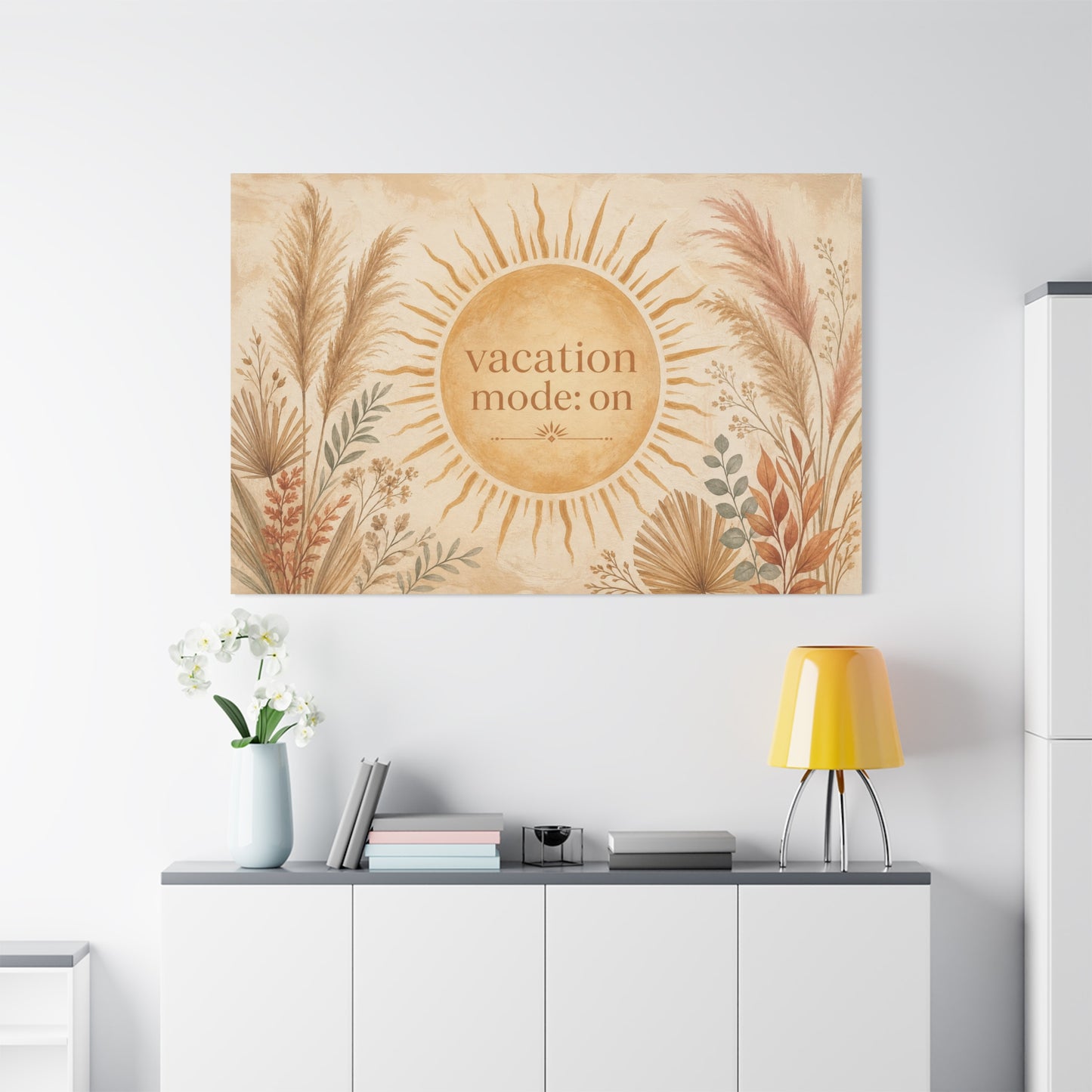 "Vacation Mode: On" Sun Quote Canvas Wall Art - Boho Botanical Typography Print, Neutral Pampas Grass Decor, Coastal Bedroom Wall Hanging, Living Room Home Decoration, Vacation Rental Accent