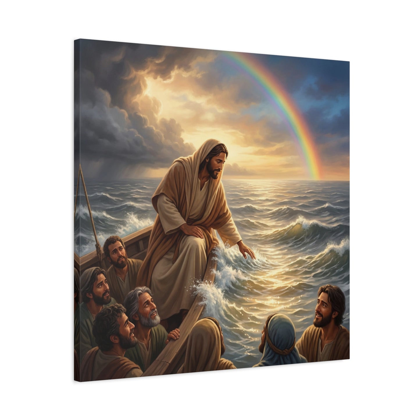 Jesus Christ Walking On Water Canvas Wall Art - Rainbow Over Stormy Sea, Disciples In Boat - Matte Cotton Print - Traditional Religious Style - Living Room Wall Decor - Bedroom Home Decoration