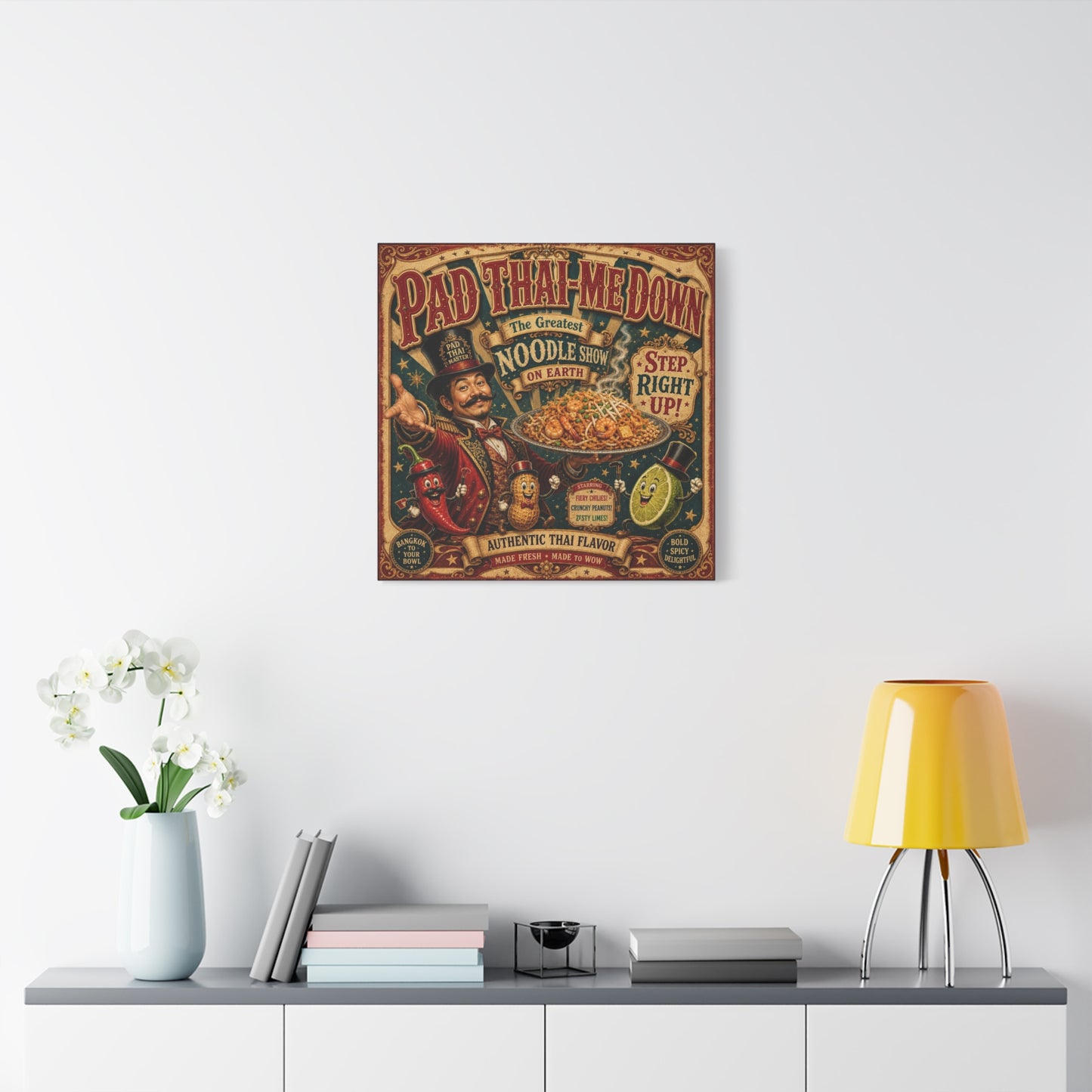 "Pad Thai-Me Down" Canvas Wall Art - Vintage Circus Noodle Poster, Typography Illustration, Whimsical Restaurant Decor, Cafe Wall Decor, Retro Kitchen Accent, Matte Canvas Print - Ready to Hang