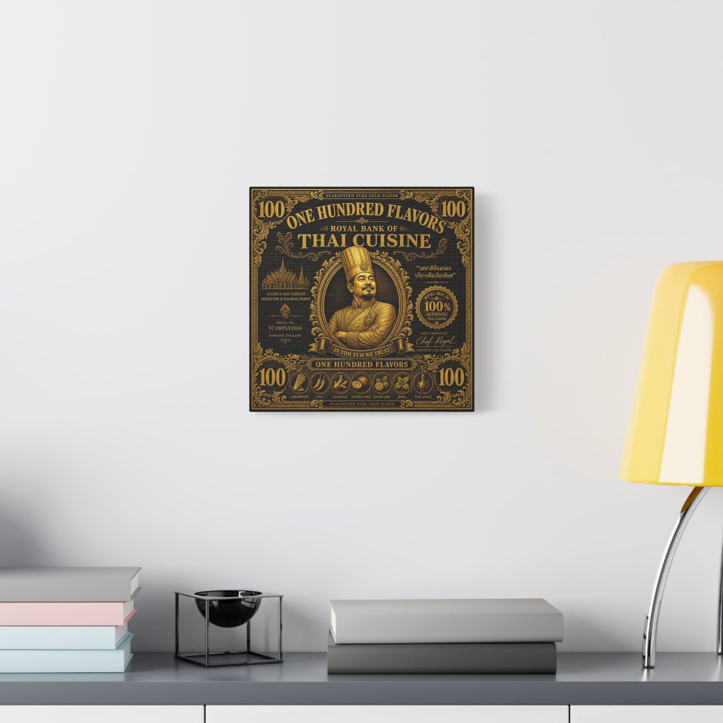 "One Hundred Flavors" Thai Cuisine Canvas Wall Art - Vintage Gold Chef Portrait, Typography Poster Print, Ornate Bangkok Illustration - Restaurant Decor, Dining Room Accent, Cafe Wall Decor