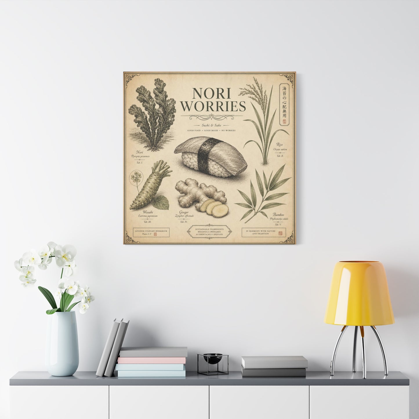 "Nori Worries" Sushi And Sake Canvas Wall Art - Vintage Japanese Culinary Herbarium Print, Rice Nori Wasabi Ginger Bamboo Illustration - Kitchen Wall Decor, Dining Room Accent - Modern Farmhouse Style