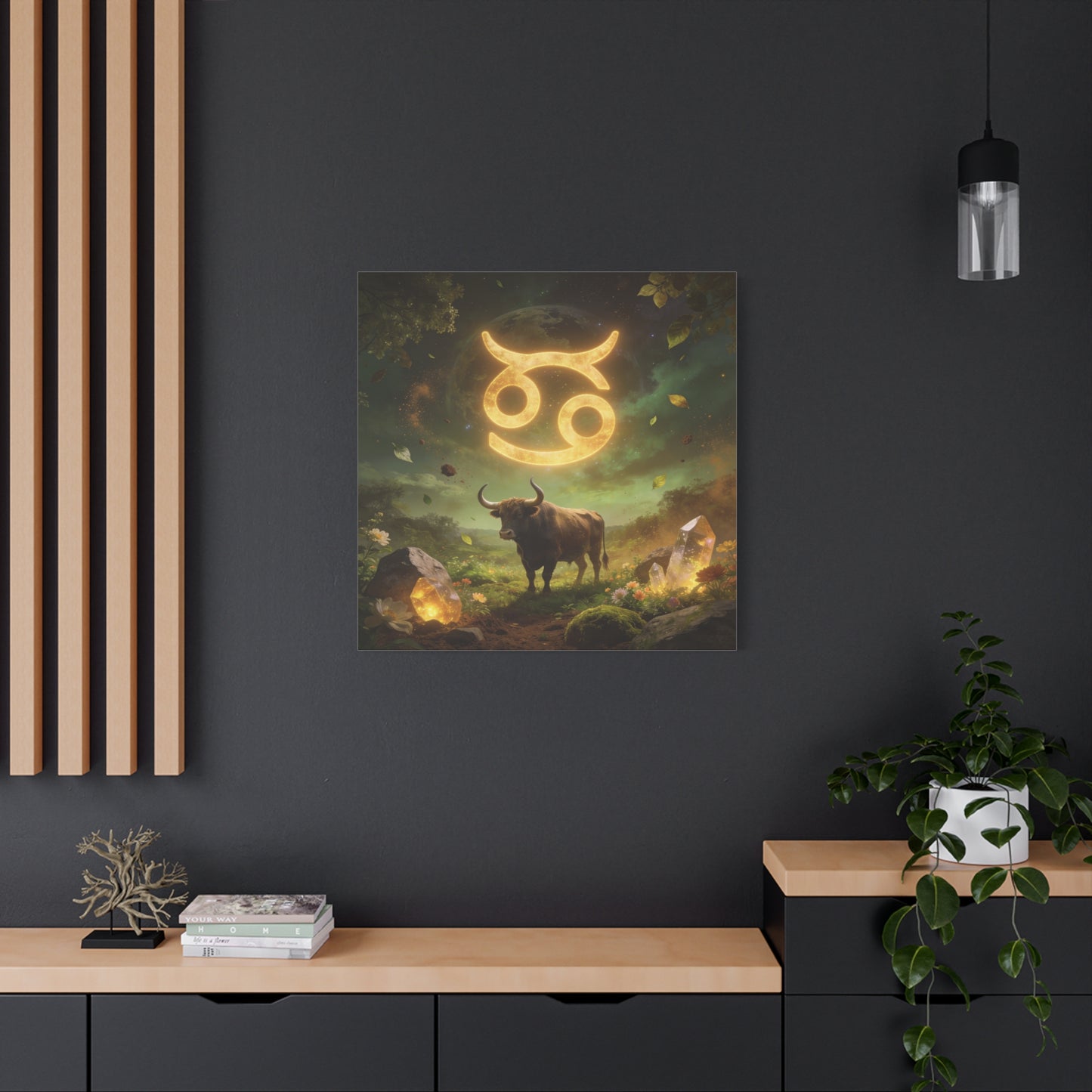 Cancer Zodiac Canvas Wall Art - Glowing Astrology Symbol, Bull And Crystal Fantasy Scene - Celestial Green Gold Illustration - Bedroom Home Decoration, Meditation Space Accent - Living Room Wall Decor