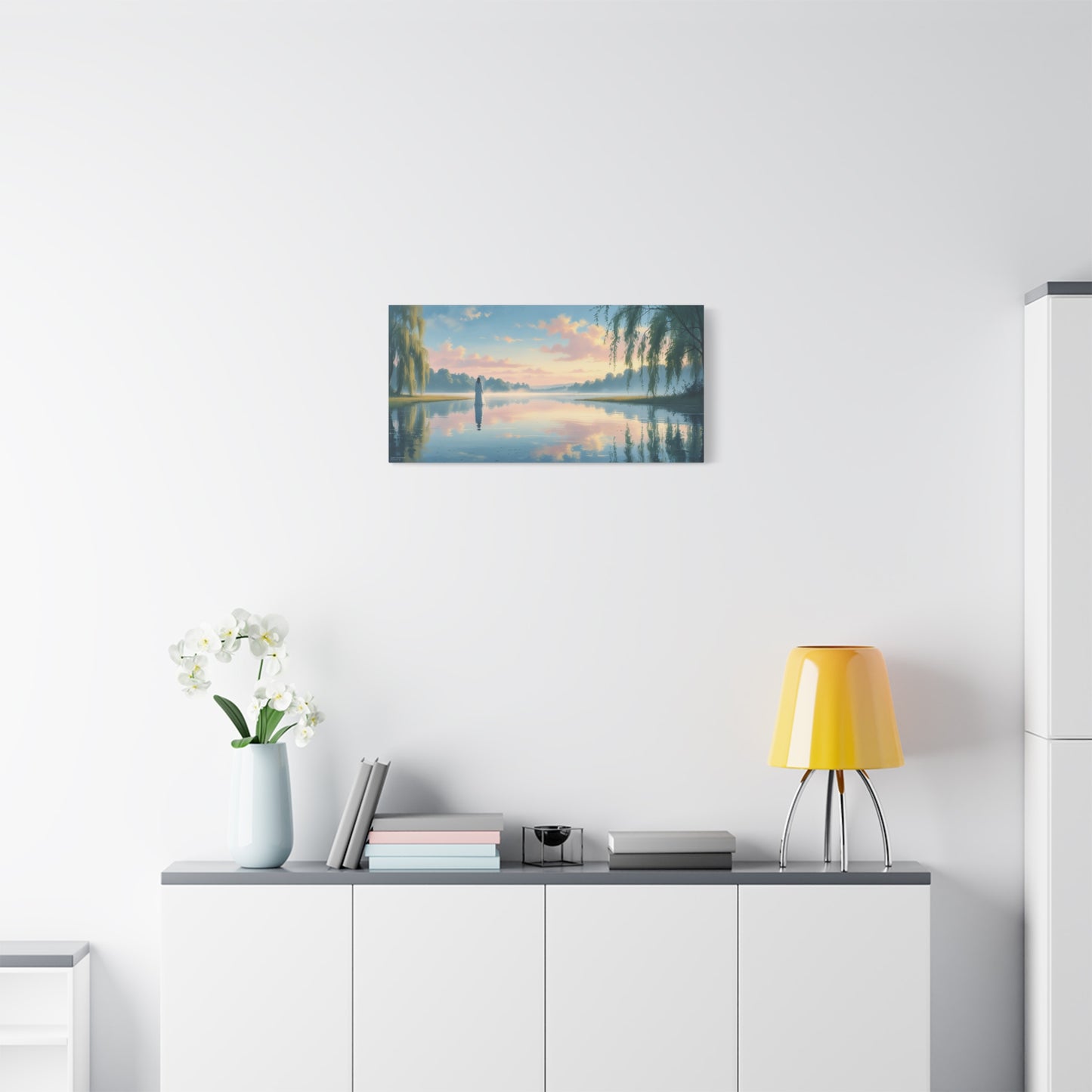 Woman In White By Misty Lake Canvas Wall Art - Pastel Sunrise Waterscape, Willow Trees Reflection - Matte Cotton Print - Contemporary Landscape Decor For Living Room Bedroom Office - Office Wall Art