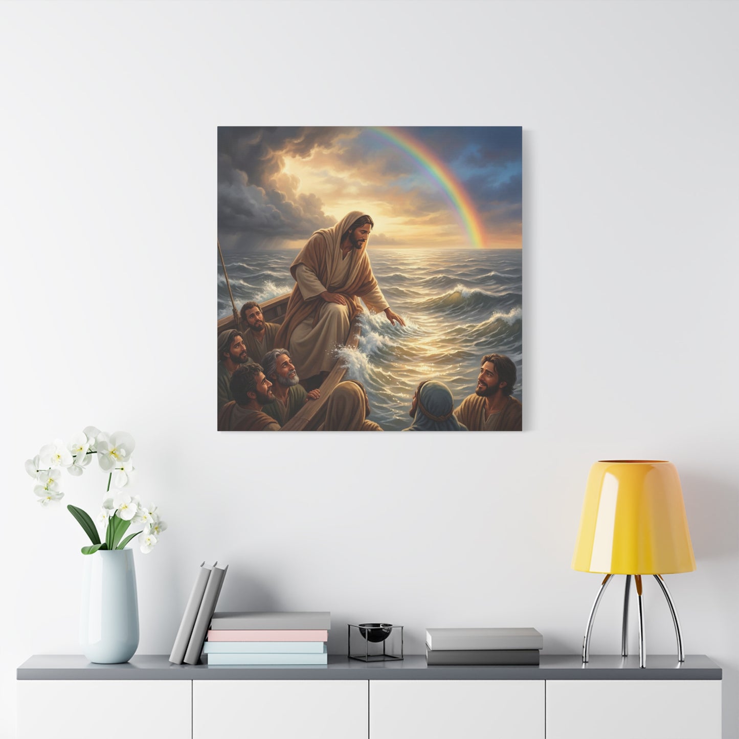 Jesus Christ Walking On Water Canvas Wall Art - Rainbow Over Stormy Sea, Disciples In Boat - Matte Cotton Print - Traditional Religious Style - Living Room Wall Decor - Bedroom Home Decoration