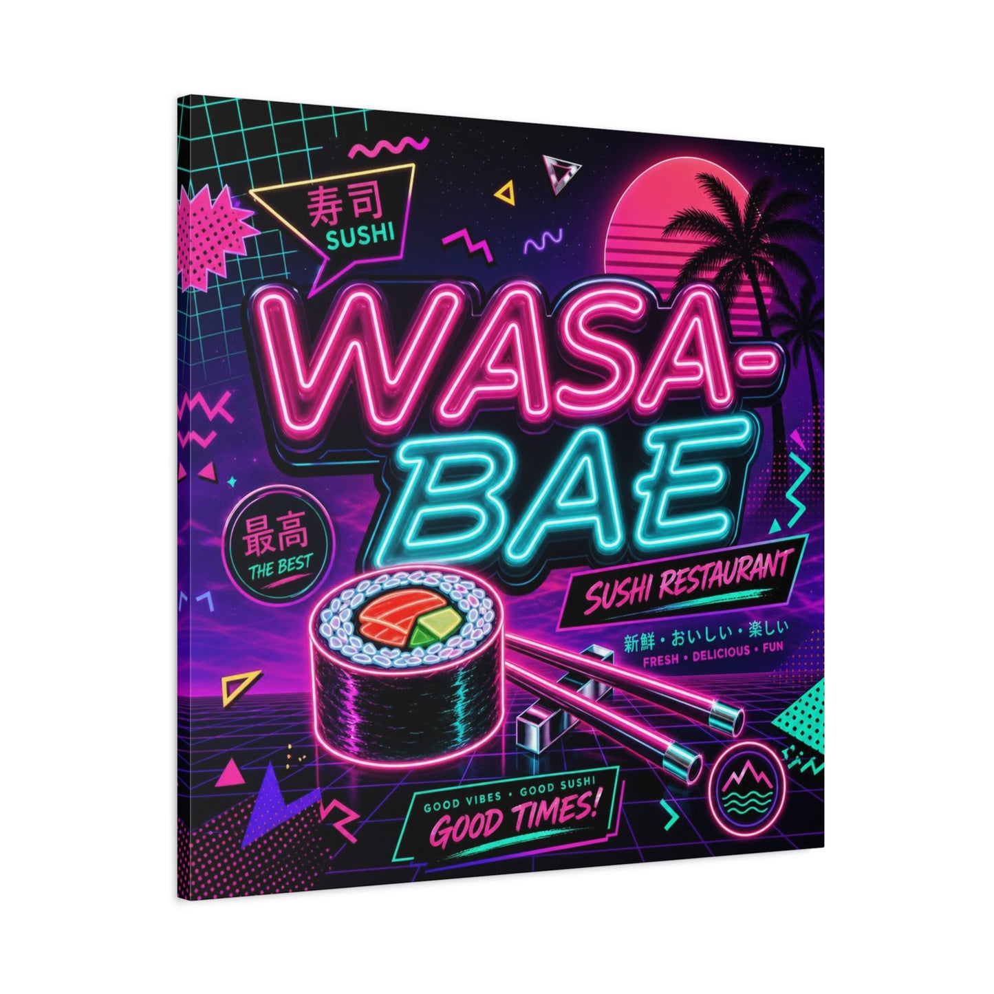 "WASA-BAE" Sushi Canvas Print - Neon Japanese Restaurant Sign, Retro Vaporwave Illustration - Matte Cotton Decor, Cafe Wall Accent, Dining Space Artwork, Lounge Interior Style - Office Wall Art