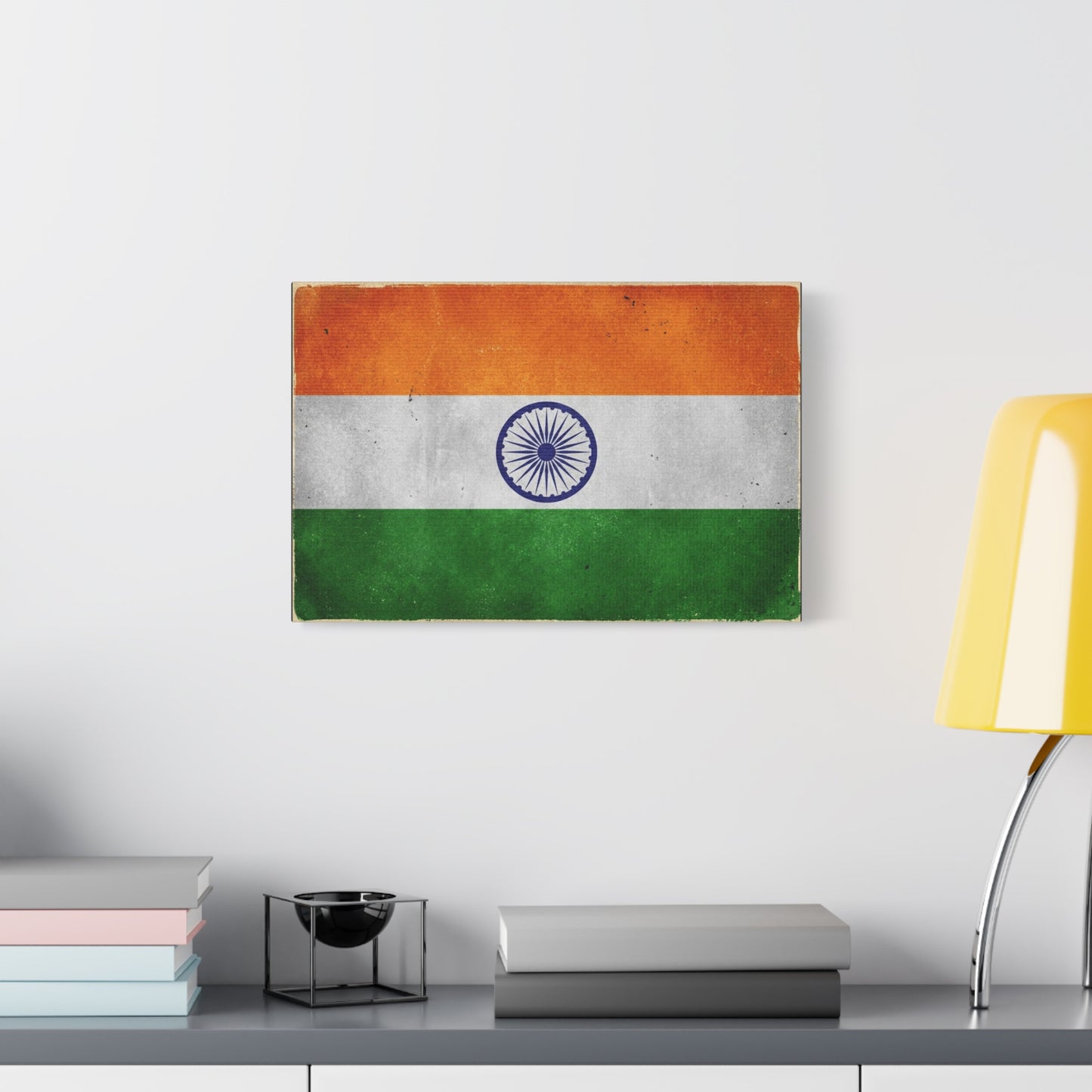 India Flag Canvas Wall Art - Vintage Tricolor Ashoka Chakra Print, Patriotic Textured Artwork - Distressed Saffron White Green Design - Living Room Decor, Office Wall Accent - Bedroom Home Decoration