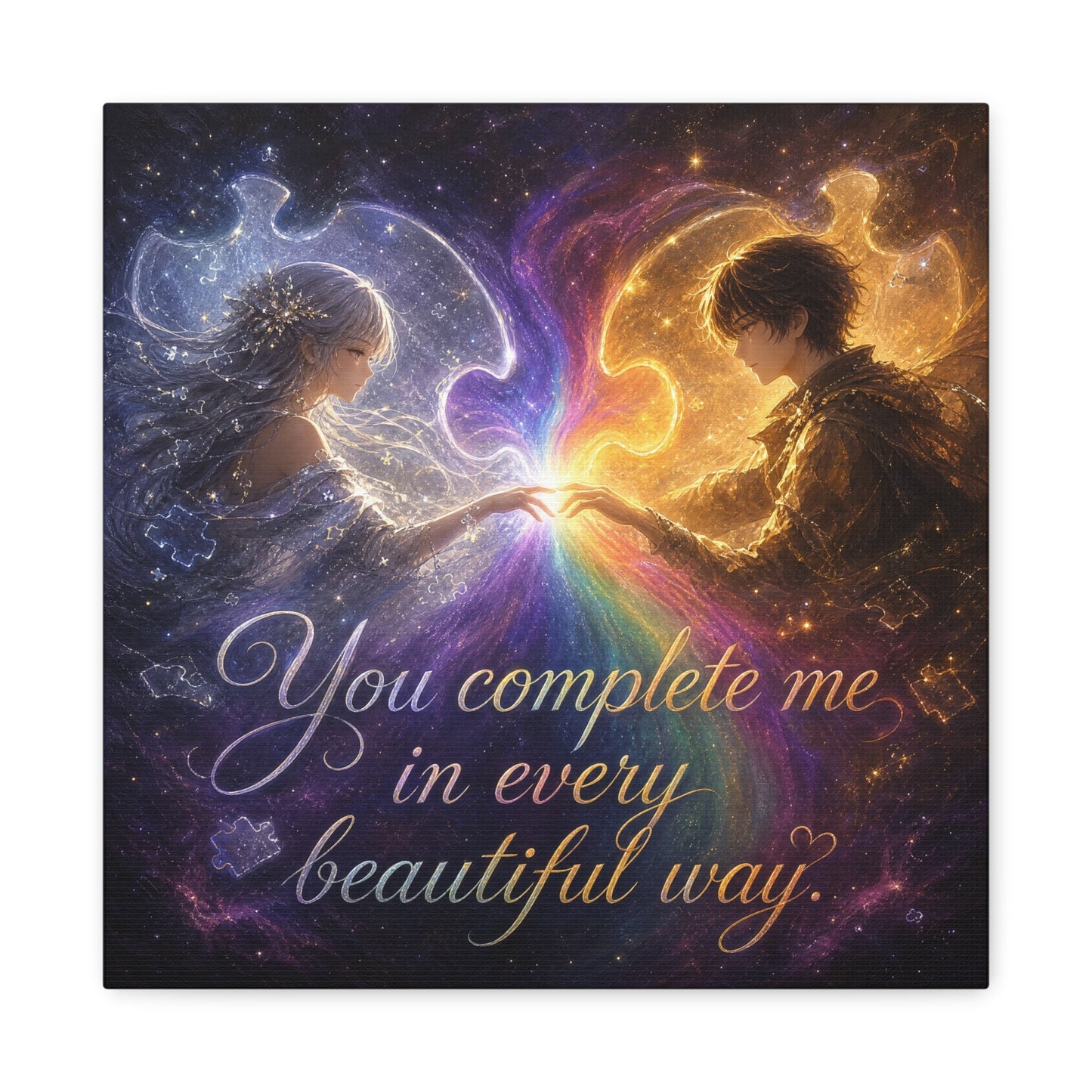 "You Complete Me In Every Beautiful Way" Romantic Couple Canvas Wall Art - Celestial Puzzle Soulmate Quote Print, Fantasy Love Decor - Bedroom Wall Hanging - Ready to Hang - Bedroom Home Decoration