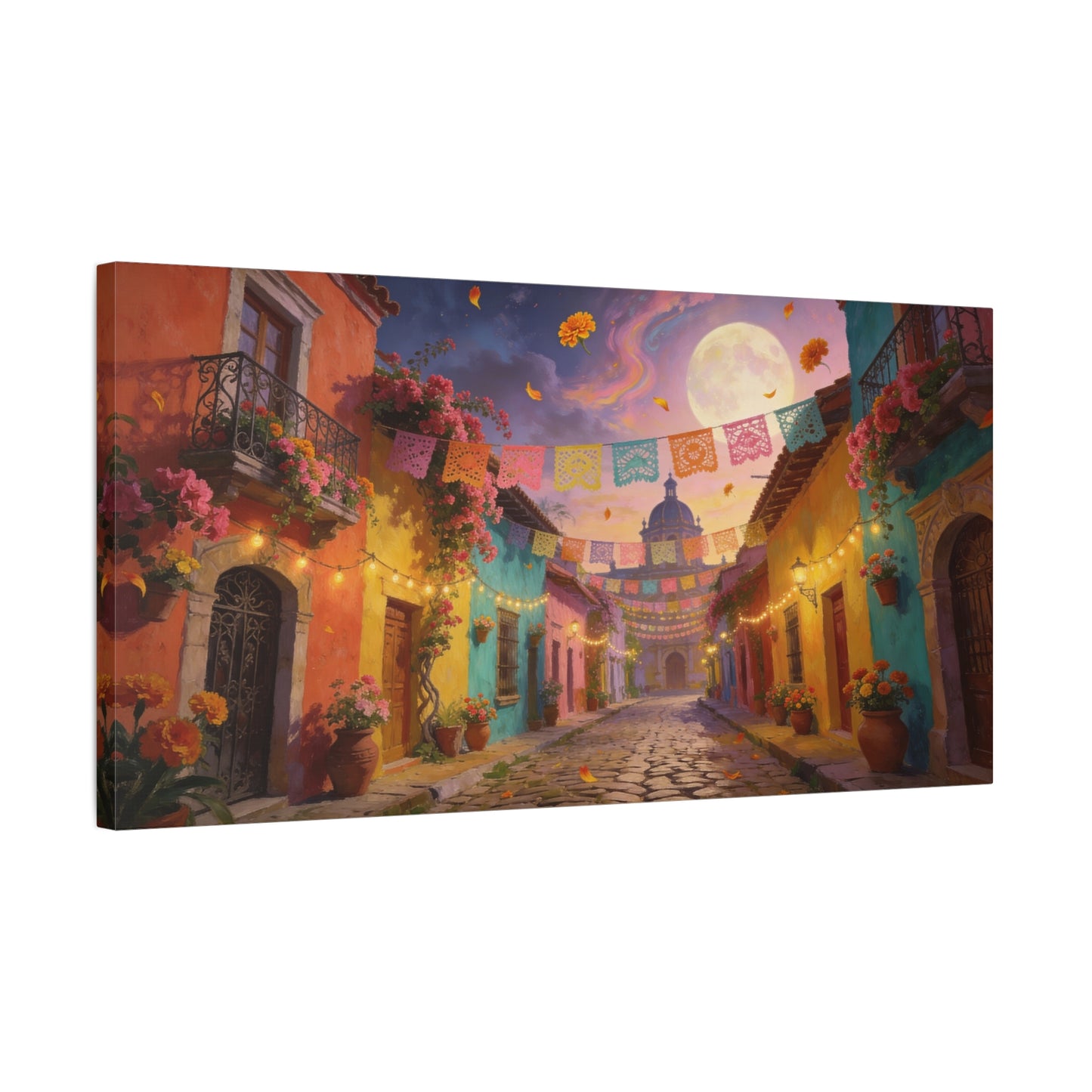 Moonlit Colorful Colonial Street Canvas Wall Art - Papel Picado, Marigolds, Full Moon - Dreamy Matte Canvas Print - Living Room Wall Decor, Bedroom Home Decoration - Bedroom Home Decoration