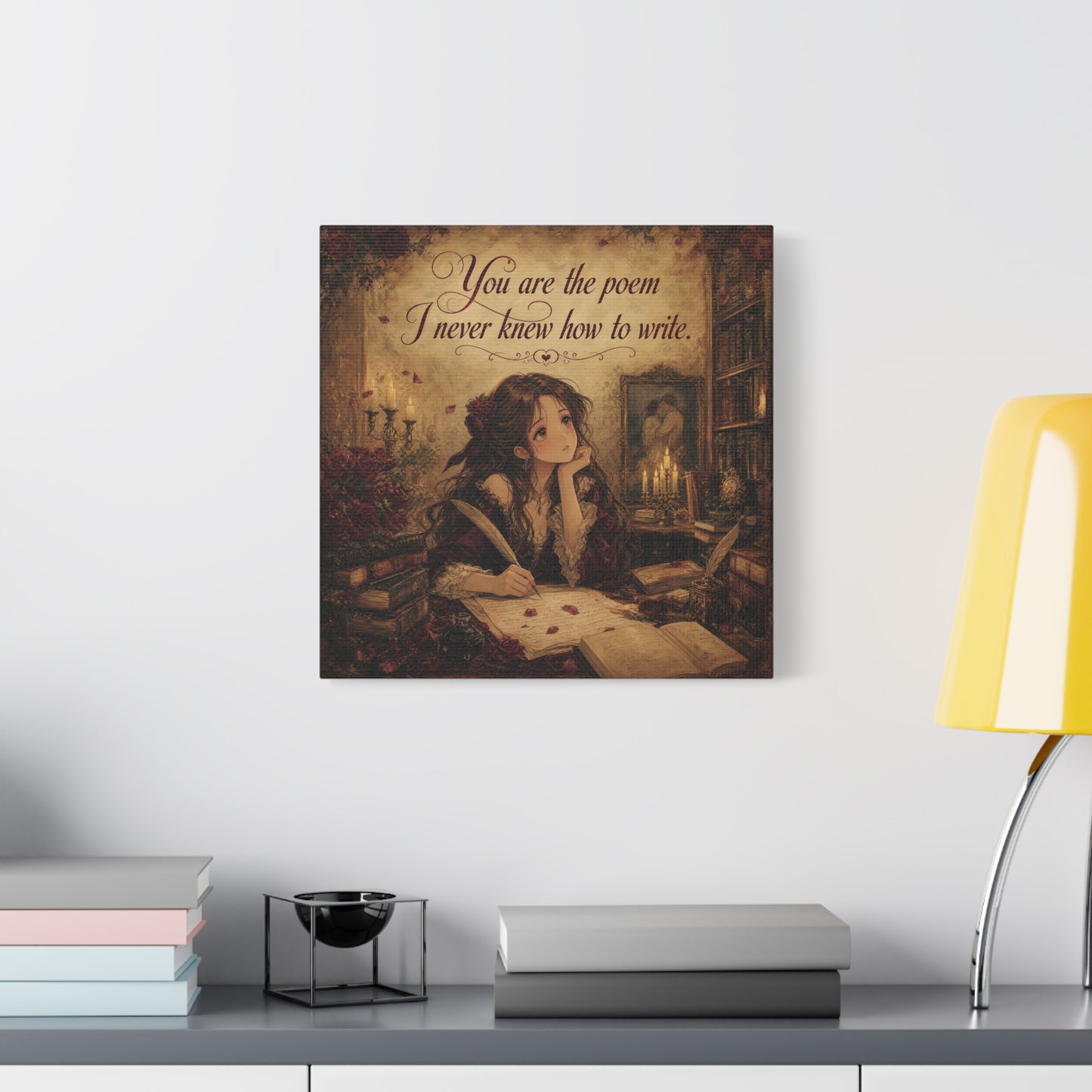 "You Are The Poem I Never Knew How To Write" Quote Canvas Wall Art - Romantic Gothic Library Girl Illustration - Vintage Brown Decor - Bedroom Wall Hanging, Teenager Room Decor - Ready to Hang