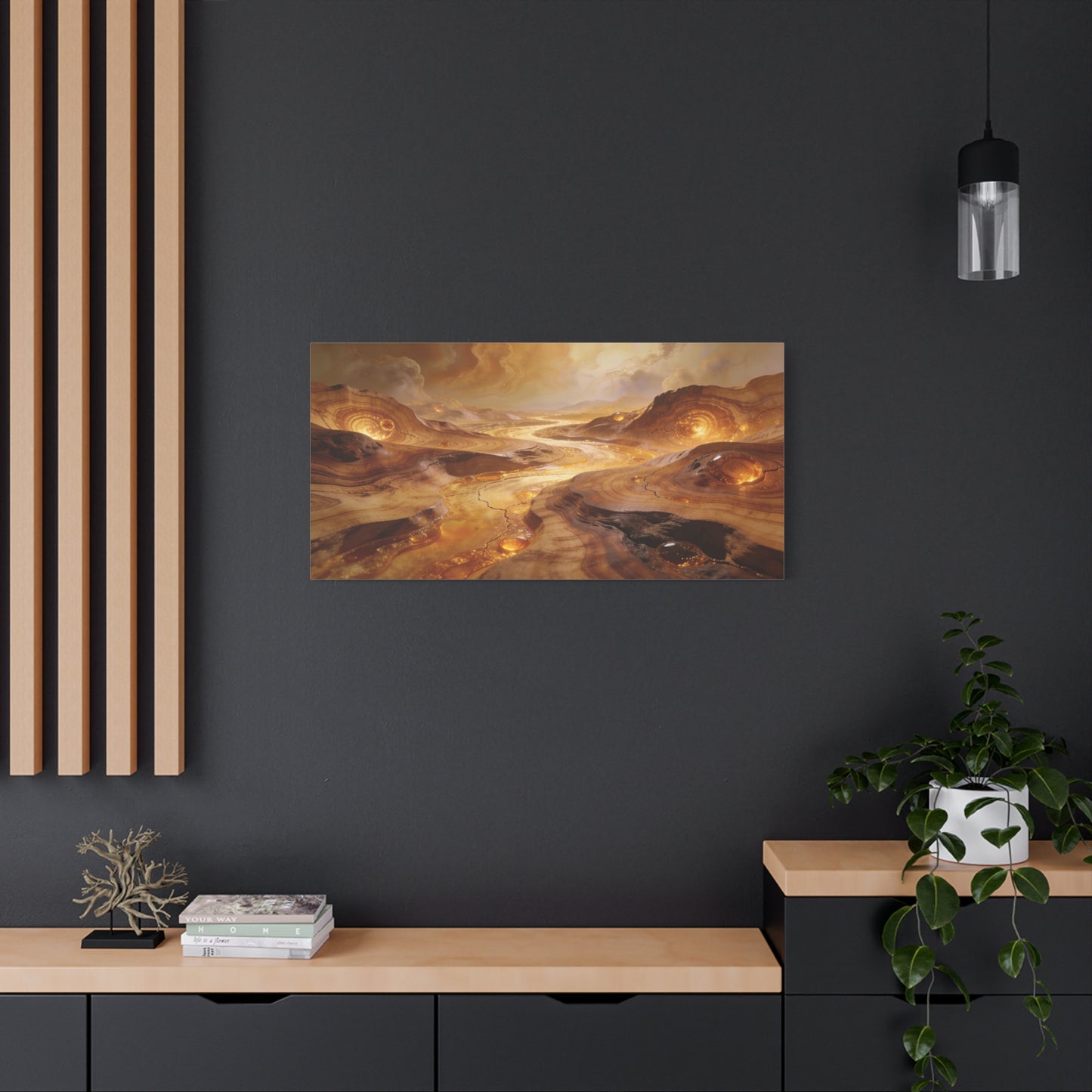 Golden Abstract Landscape Canvas Wall Art - Glowing River, Swirling Stone Forms - Contemporary Matte Canvas Print - Living Room Wall Decor, Bedroom Home Decoration, Office Art - Modern Farmhouse Style