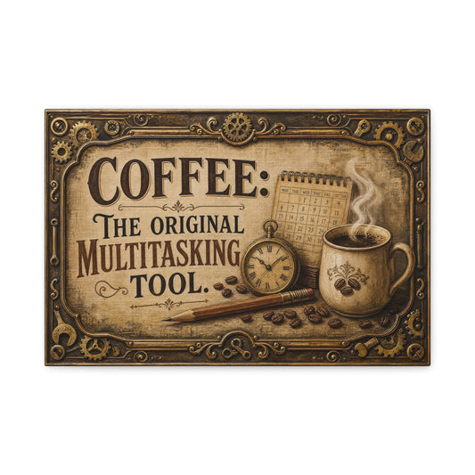 "Coffee: The Original Multitasking Tool." Canvas Wall Art - Vintage Coffee Cup Quote Print, Rustic Wall Decor, Steampunk Style, Cafe Accent - Ready to Hang - Bistro Decor - Espresso Bar Sign