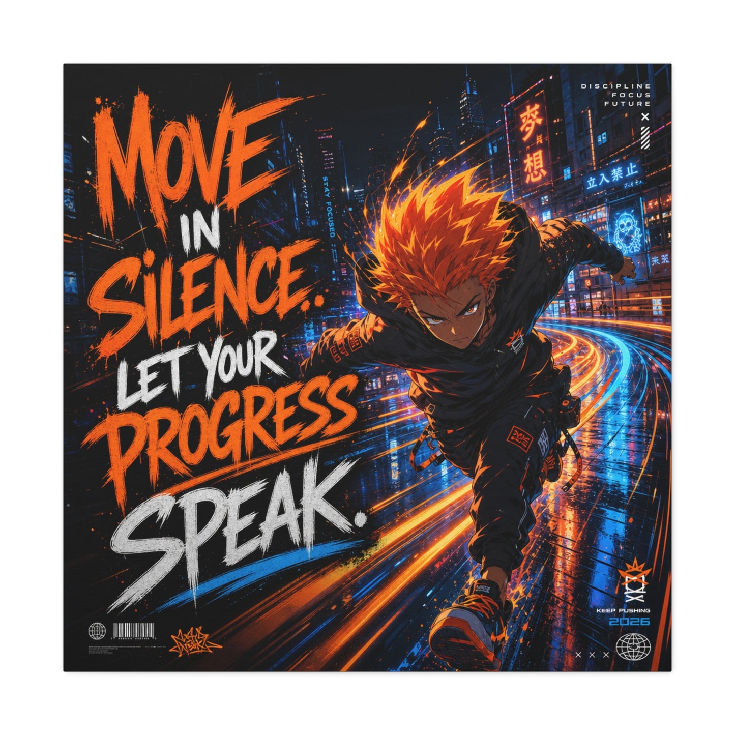 "Move In Silence Let Your Progress Speak" Anime Canvas Wall Art - Cyberpunk Runner Motivational Quote Print, Neon City Street Illustration - Teen Bedroom Decor, Home Office Accent - Office Wall Art