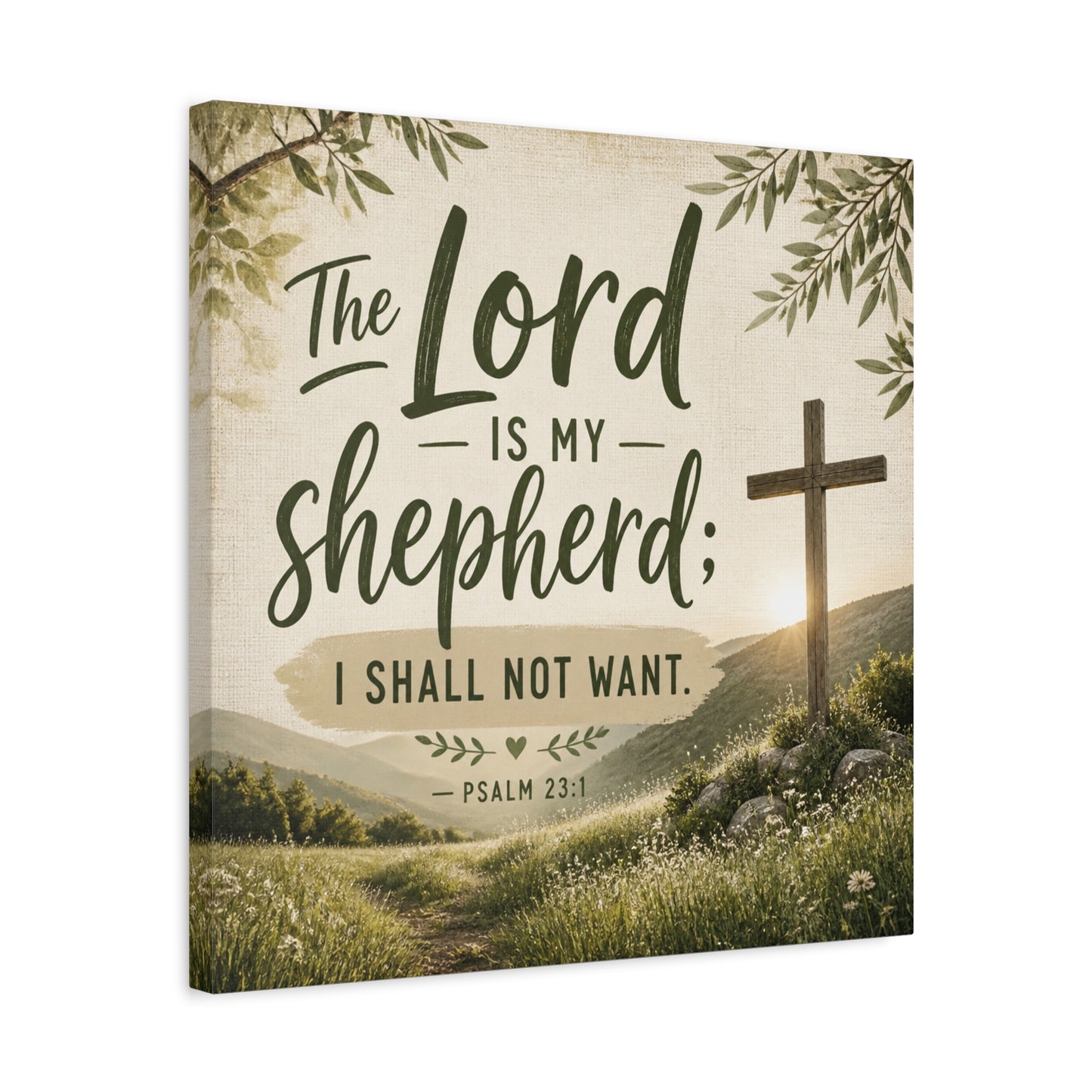 "The Lord Is My Shepherd, I Shall Not Want. - Psalm 23:1" Christian Canvas Wall Art - Rustic Cross Meadow Landscape, Farmhouse Scripture Decor, Bedroom Living Room Wall Hanging - Ready to Hang