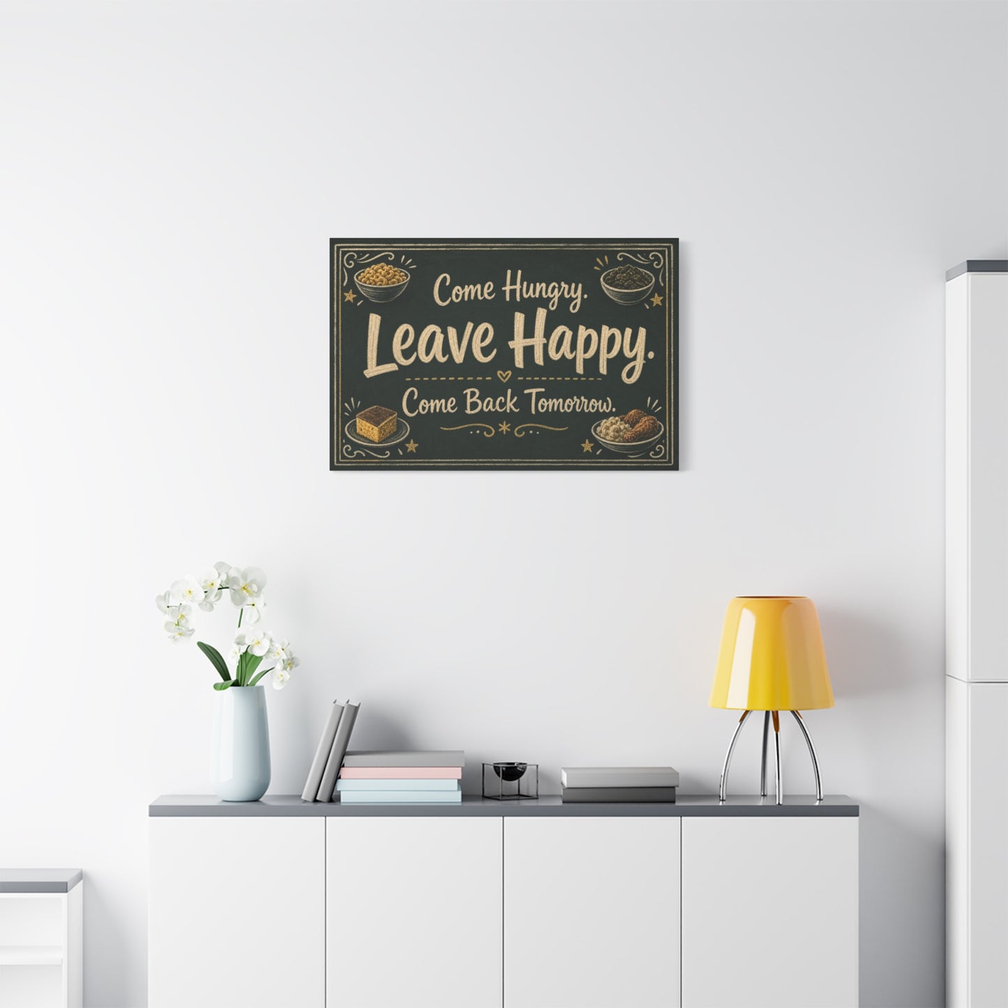 "Come Hungry. Leave Happy. Come Back Tomorrow." Canvas Wall Art - Chalkboard Food Quote Print, Rustic Farmhouse Style, Restaurant Accent - Restaurant Wall Decor - Bistro Sign Decor - Ready to Hang