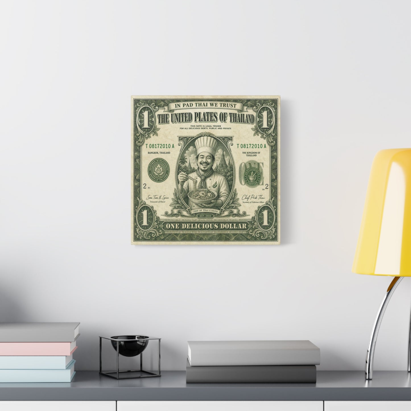 "In Pad Thai We Trust" Typography Canvas Wall Art - Vintage Thai Currency Illustration, Chef Portrait, Bangkok Thailand Food Poster Style - Kitchen Wall Decor, Dining Room Accent - Ready to Hang
