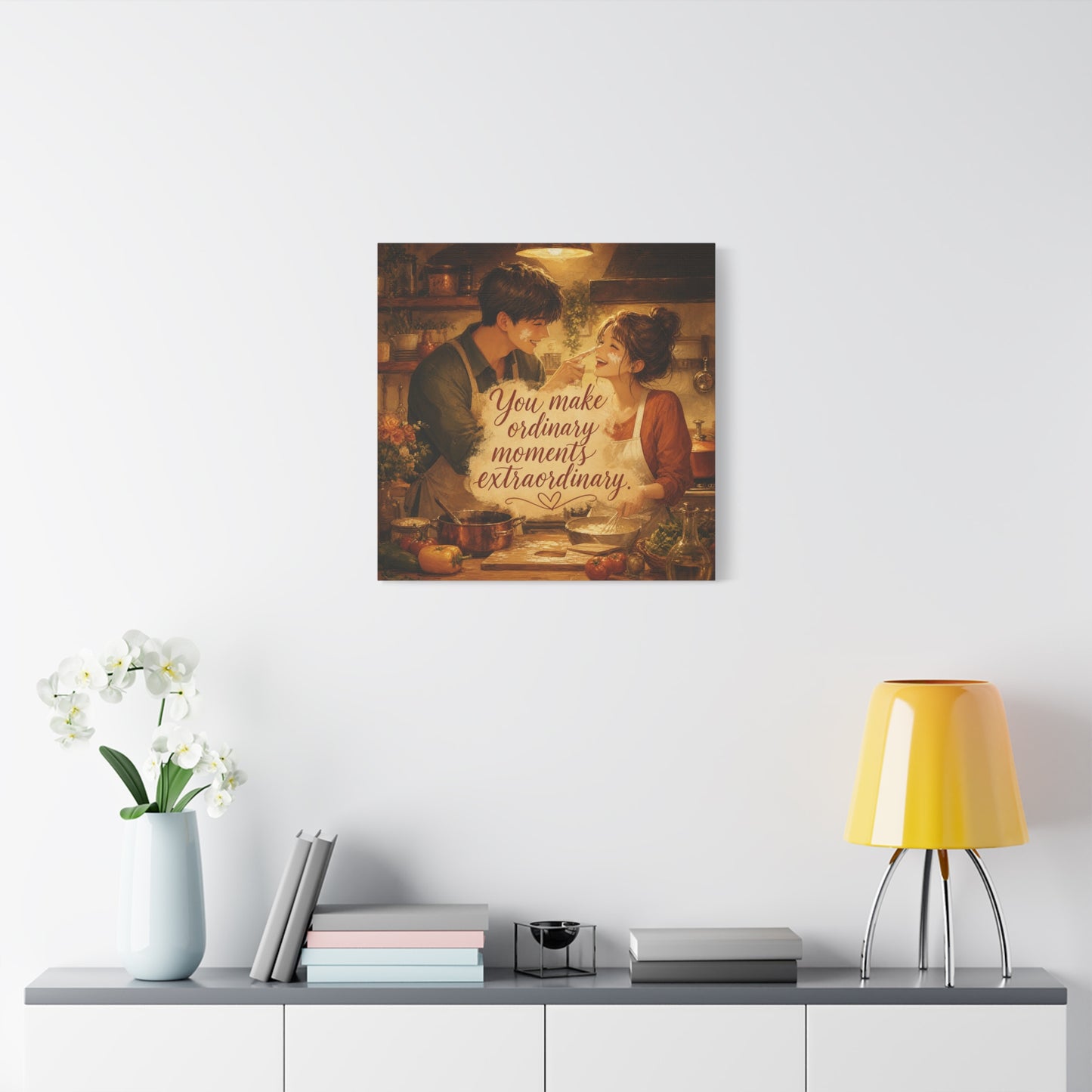 "You Make Ordinary Moments Extraordinary" Couple Canvas Wall Art - Romantic Kitchen Scene, Warm Vintage Illustration Print - Cozy Living Room Decor, Farmhouse Home Accent - Living Room Wall Decor