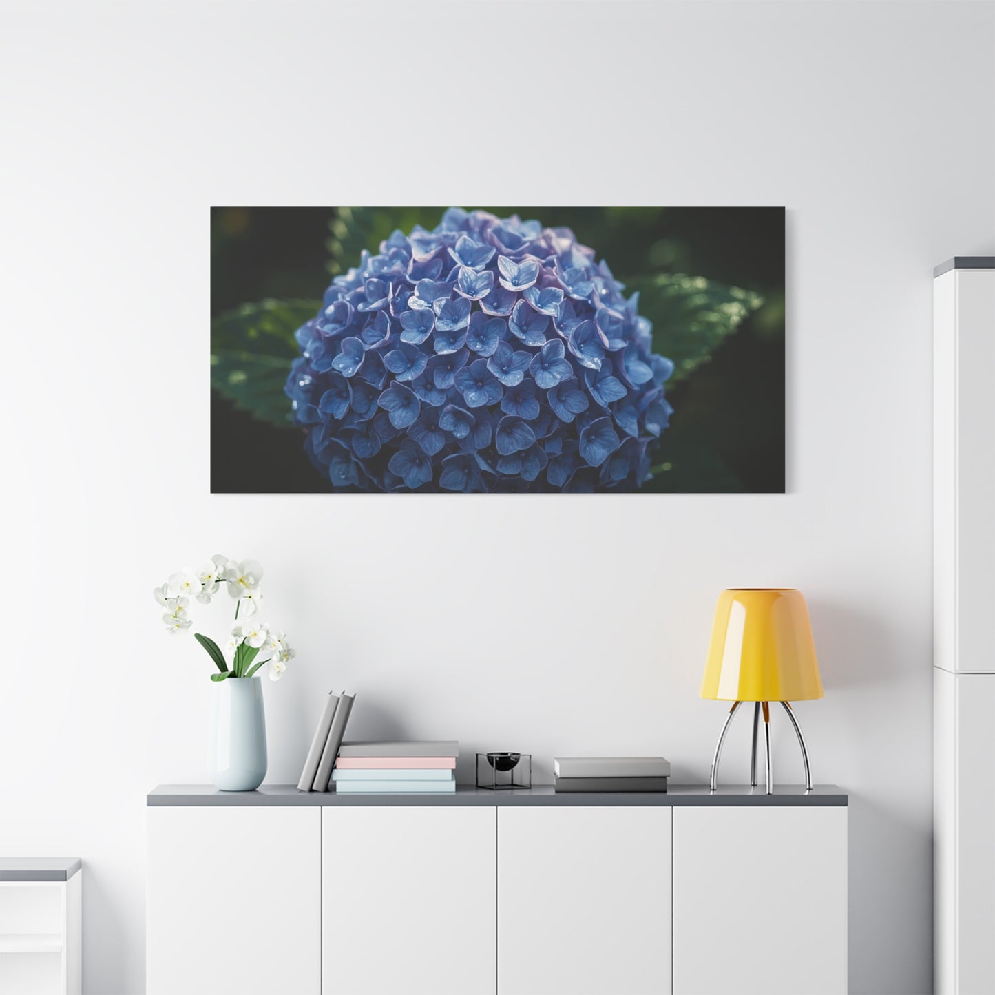 Blue Hydrangea Canvas Wall Art - Botanical Floral Close Up Art Print - Matte Cotton Art Print, Moody Garden Style - Bedroom Wall Decor, Bathroom Accent, Spa Inspired Home Decoration - Ready to Hang