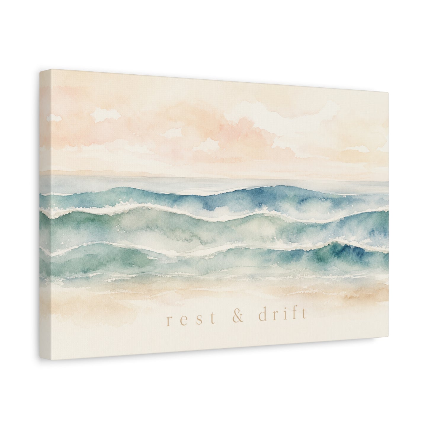 "Rest & Drift" Coastal Ocean Waves Canvas Wall Art - Watercolor Seascape Beach Decor - Serene Pastel Blue And Peach - Bedroom Home Decoration, Living Room Accent, Jellyfish Room Decor - Ready to Hang