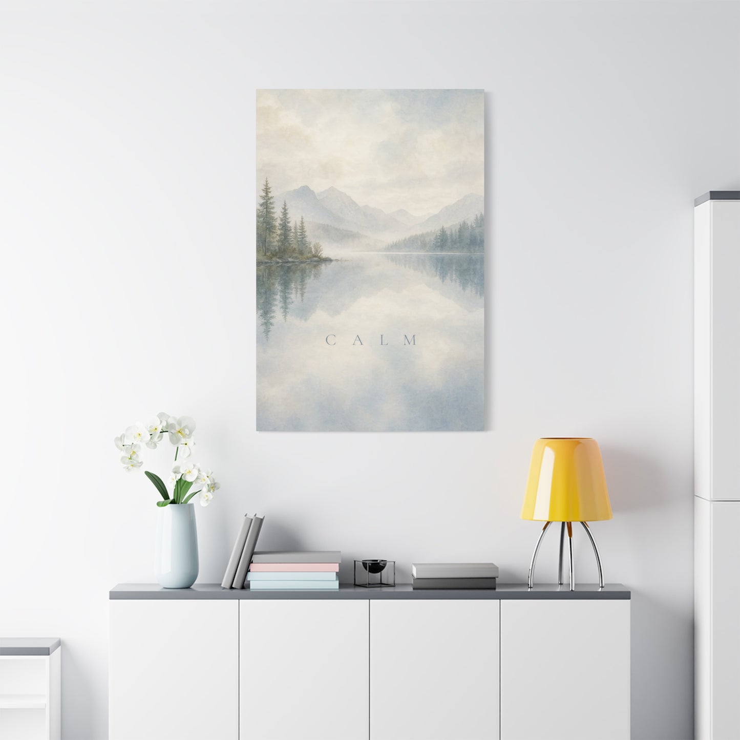 "Calm" Mountain Lake Canvas Wall Art - Misty Pine Forest Reflection Print - Serene Blue Landscape - Minimalist Nature Decor - Bedroom Home Decoration, Meditation Space - Living Room Wall Decor