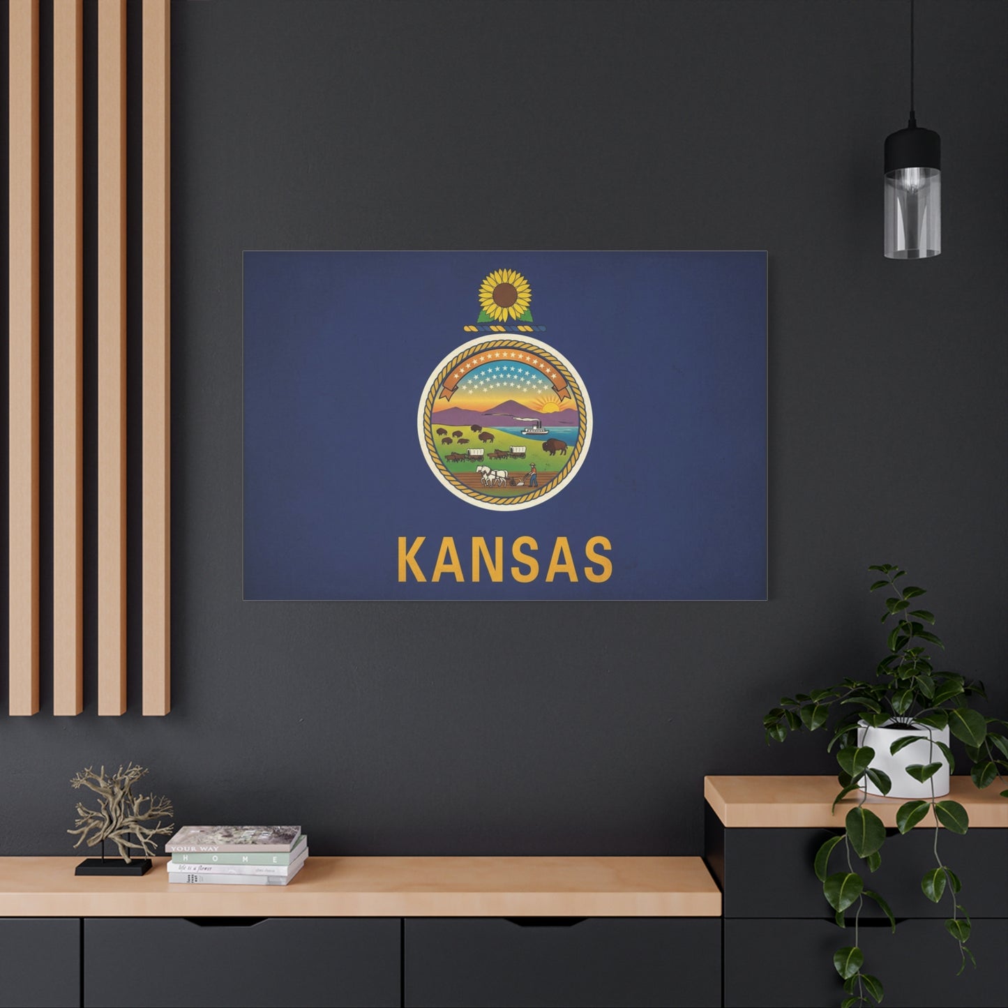 Kansas State Flag Canvas Wall Art - Sunflower Seal Prairie Buffalo Wagon Sunset Print - Vintage Blue Typography Decor - Living Room Wall Decor, Office Art, Dorm Accent - Bedroom Home Decoration