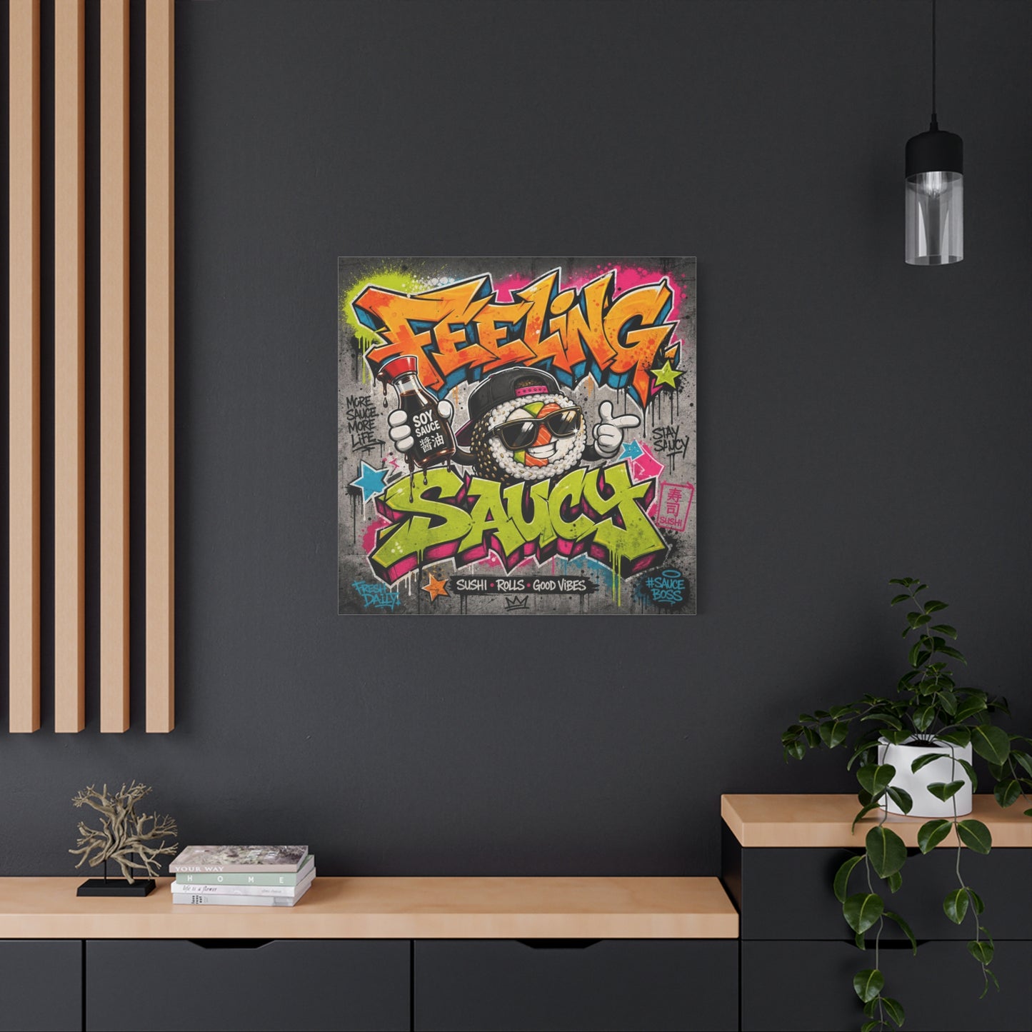 "Feeling Sauce" Graffiti Canvas Wall Art - Sushi Roll Street Illustration, Urban Pop Typography, Matte Cotton Print, Contemporary Decor for Kitchen Nook, Dining Space, Cafe Interior Accent