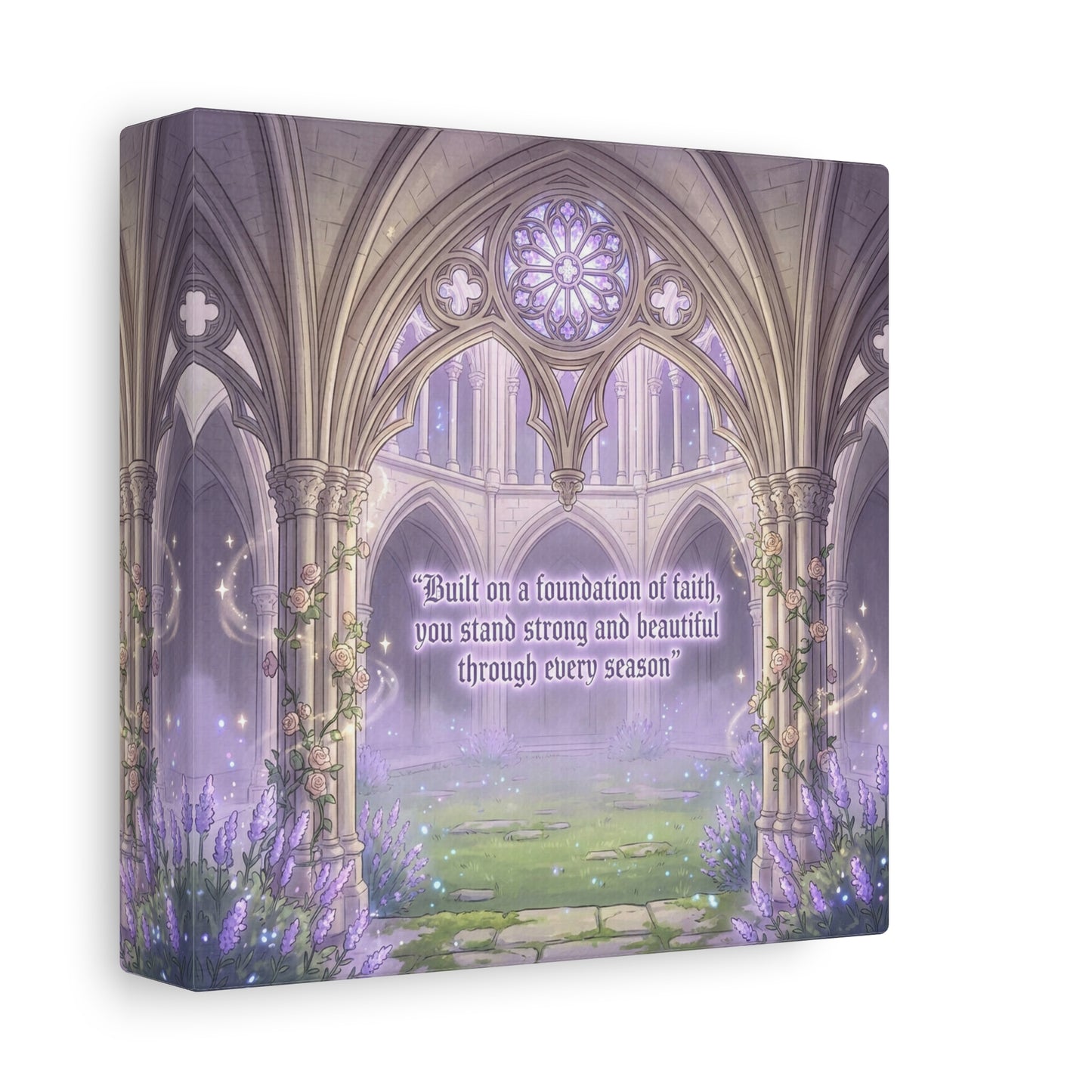 "Built On A Foundation Of Faith, You Stand Strong And Beautiful Through Every Season" Canvas Wall Art - Gothic Cathedral Arch Quote Print - Lavender Floral Decor For Bedroom Living Room
