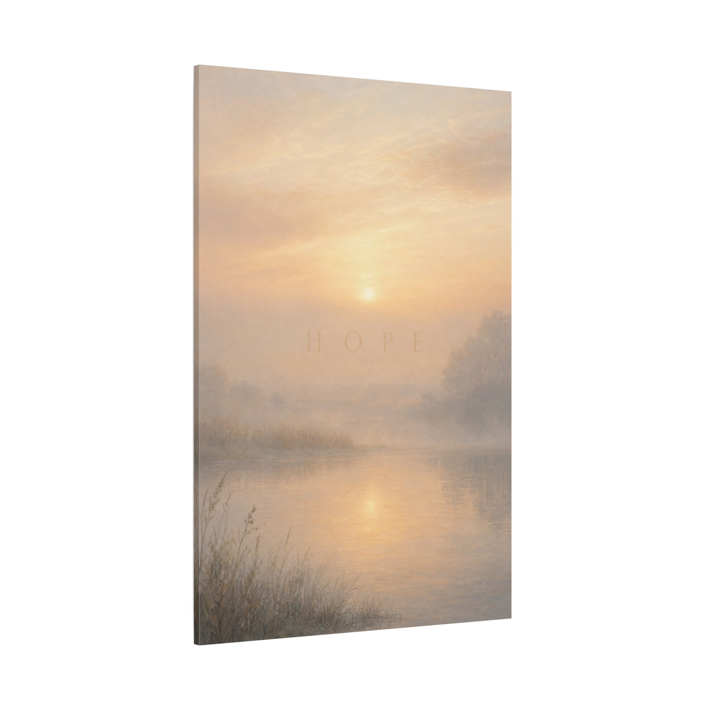 "Hope" Misty Sunrise Lake Canvas Wall Art - Serene Landscape Print, Inspirational Bedroom Wall Decor, Soft Neutral Home Decoration, Contemporary Meditation Space Accent - Bedroom Home Decoration