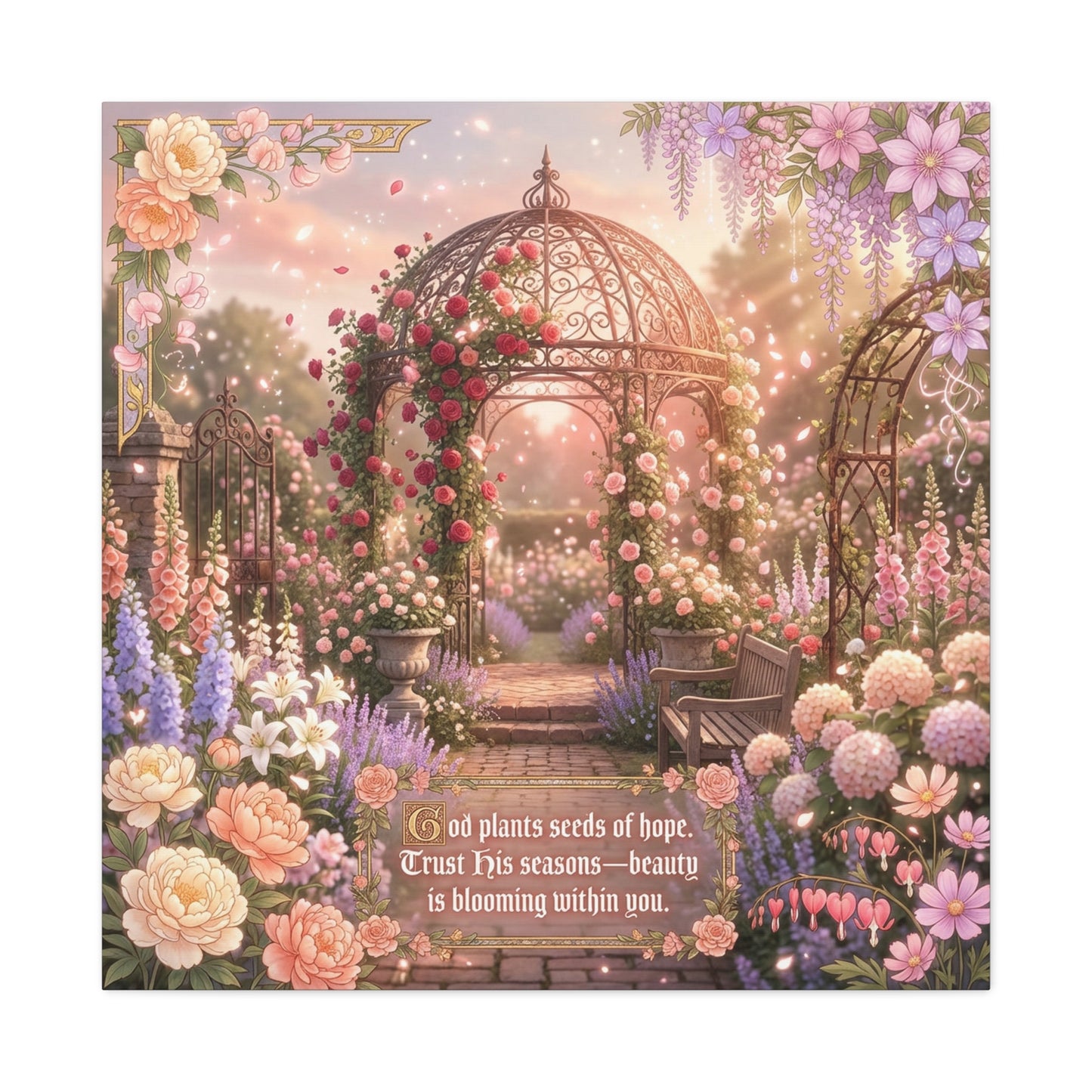 "God Plants Seeds Of Hope" Floral Garden Canvas Wall Art - Romantic Rose Gazebo Scripture Quote Print - Matte Botanical Cottagecore Decor - Bedroom Living Room Home Decoration - Living Room Wall Decor