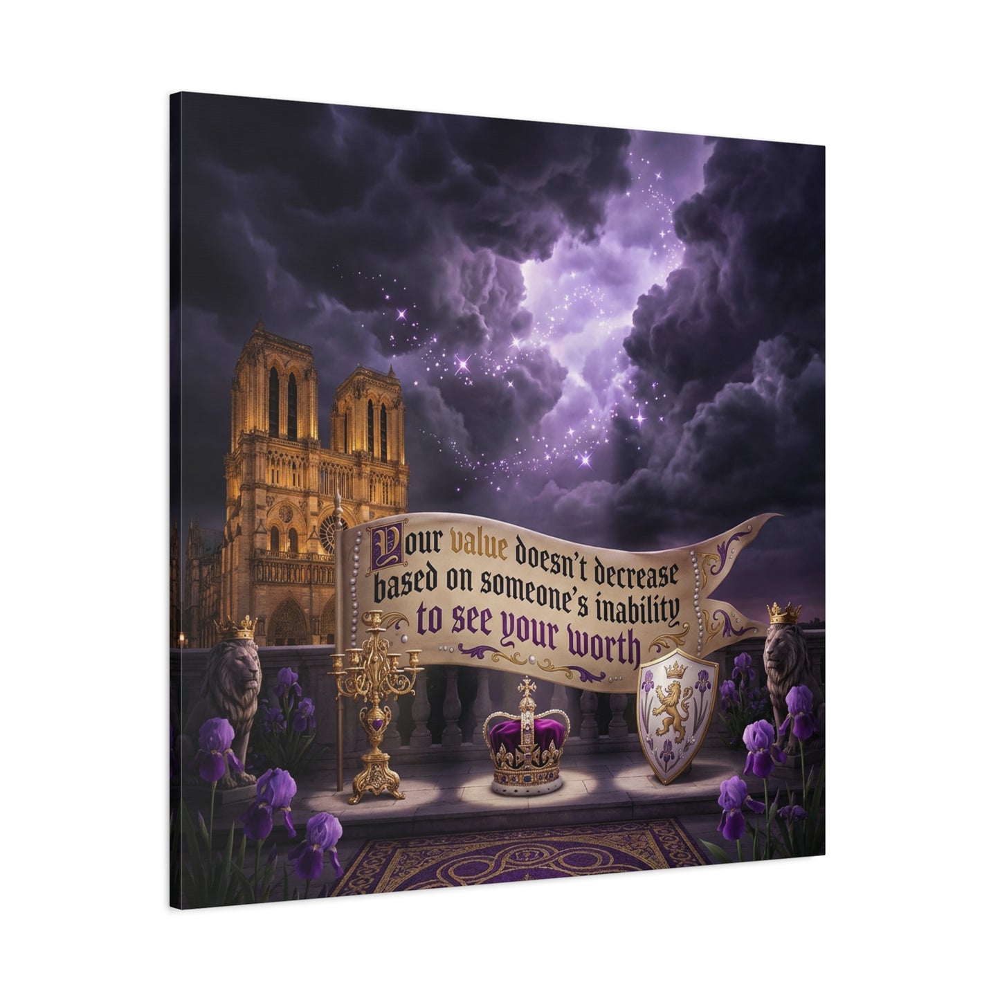 "Your Value Doesn't Decrease Based On Someone's Inability To See Your Worth" Canvas Wall Art - Gothic Cathedral, Purple Sky, Crown And Lions - Inspirational Home Decor - Living Room Bedroom
