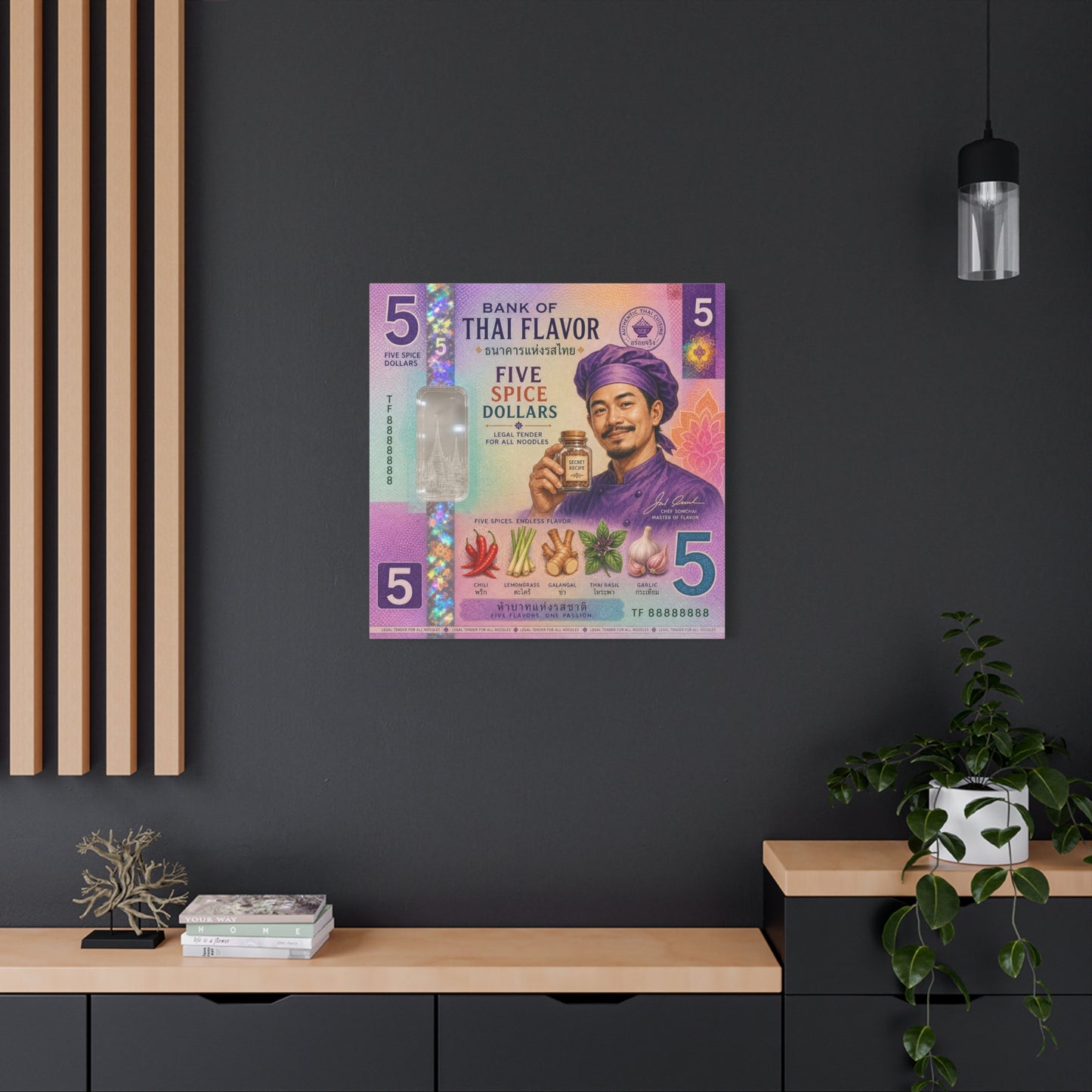 "Bank Of Thai Flavor" Thai Chef Canvas Wall Art - Five Spice Dollars Food Illustration, Colorful Typography Print, Eclectic Kitchen Decor, Cafe Wall Decor, Restaurant Wall Accent - Ready to Hang