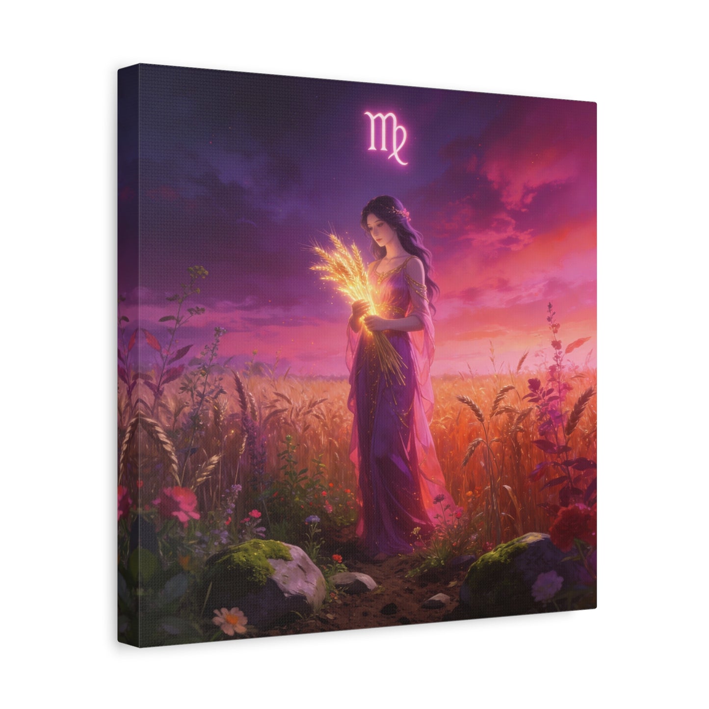 Virgo Zodiac Canvas Wall Art - Maiden Holding Glowing Wheat, Purple Twilight Field - Fantasy Illustration, Matte Canvas Print - Bedroom Wall Decor, Meditation Space Accent - Bedroom Home Decoration