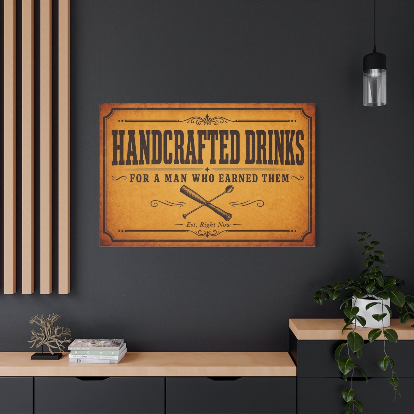 "Handcrafted Drinks For A Man Who Earned Them" Canvas Wall Art - Vintage Bar Sign, Rustic Typography Decor, Whiskey Lounge Wall Hanging - Ready to Hang - Ready to Hang - Cocktail Lounge Decor