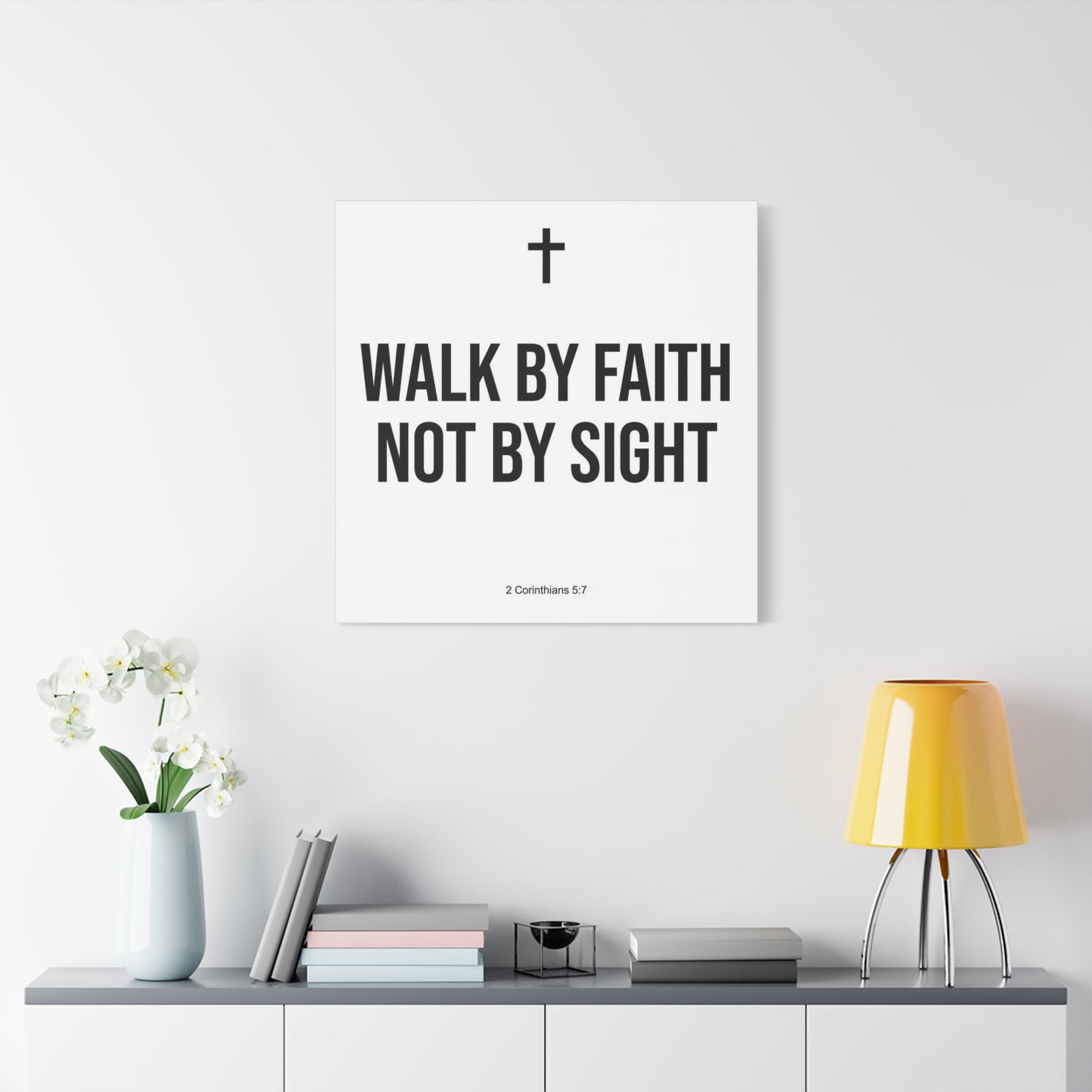 "Walk By Faith Not By Sight" Christian Canvas Wall Art - 2 Corinthians 5:7 Cross Scripture Print - Black And White Minimalist Typography Decor - Living Room Bedroom Office Home Decoration