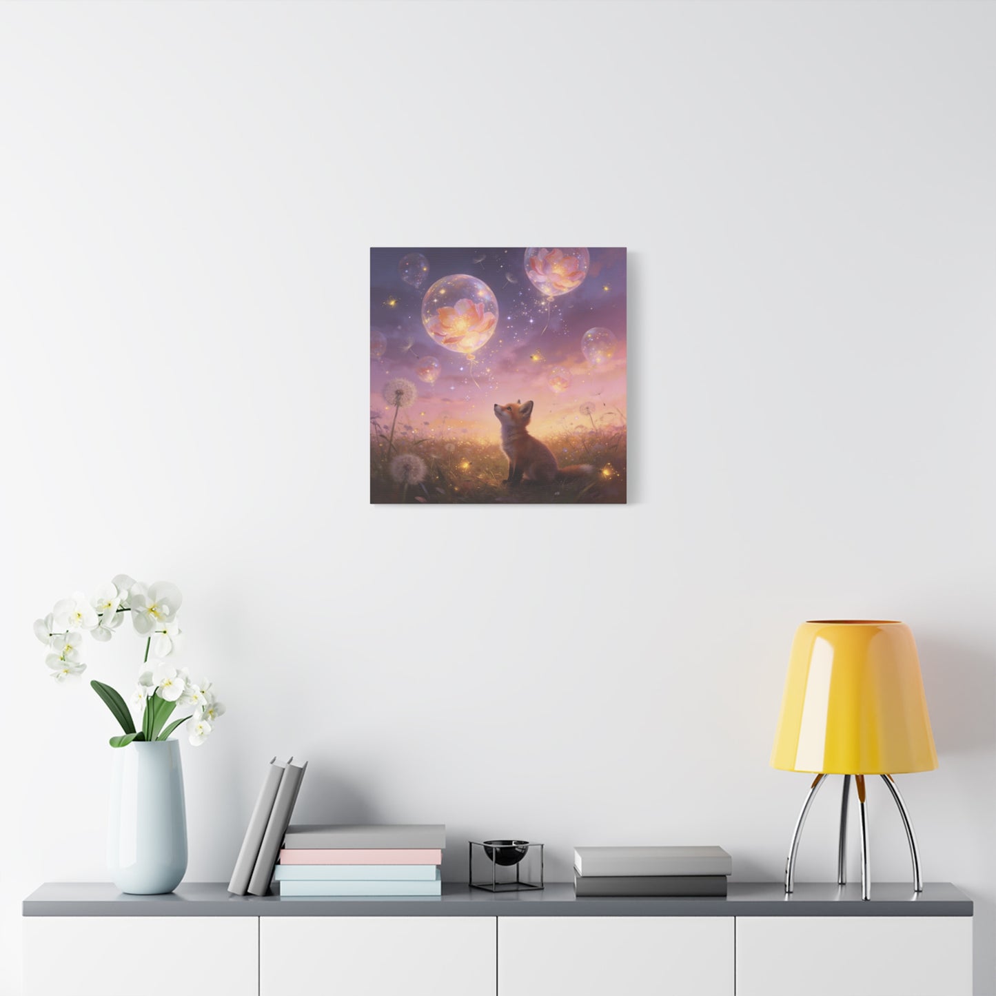 Fox Canvas Wall Art - Whimsical Fox Under Floral Balloons, Dreamy Twilight Meadow Canvas Print - Pastel Fantasy Style, Living Room Wall Decor, Bedroom Home Decoration - Bedroom Home Decoration