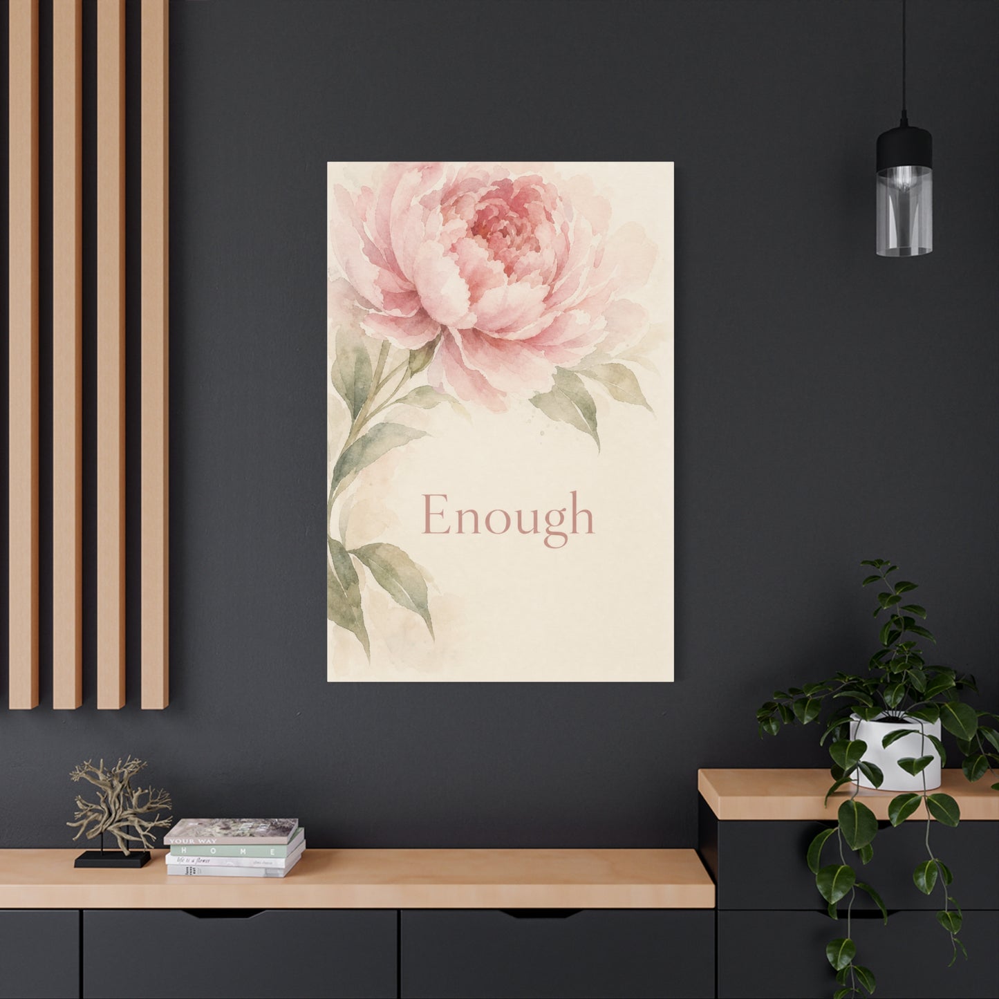 "Enough" Peony Canvas Wall Art - Pink Watercolor Floral Inspirational Print - Soft Botanical Bedroom Wall Decor - Feminine Home Decoration - Bedroom Home Decoration - Modern Farmhouse Style