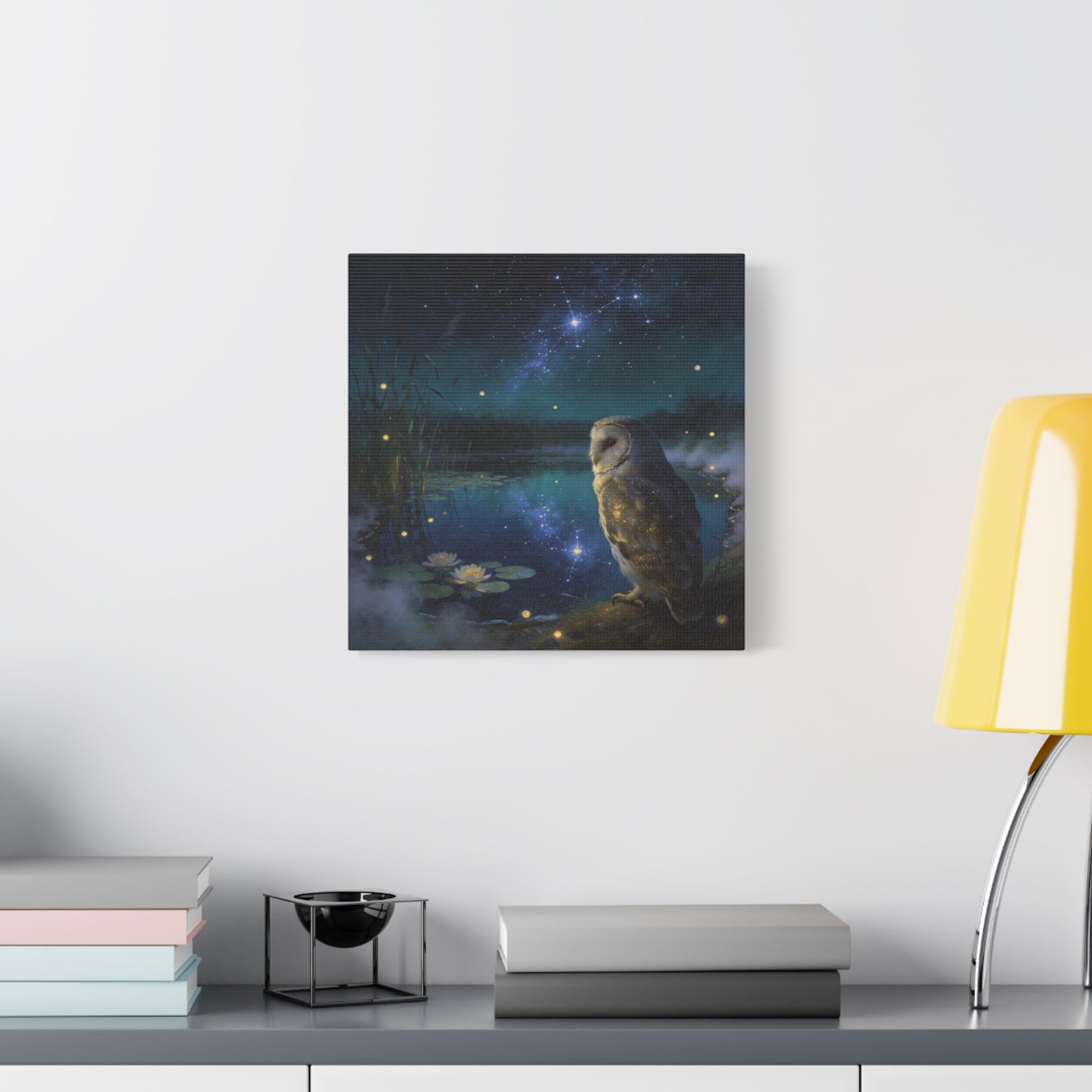 Barn Owl Canvas Wall Art - Moonlit Pond, Fireflies, Water Lilies, Starry Night Sky - Dreamy Wildlife Painting - Matte Finish Canvas Print - Bedroom Wall Decor, Nursery Accent - Bedroom Home Decoration