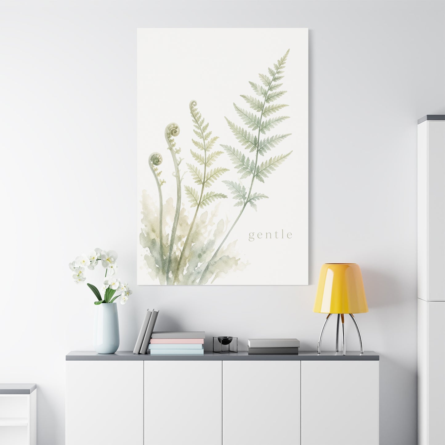 "Gentle" Fern Botanical Canvas Wall Art - Watercolor Green Leaf Print, Minimalist Nature Decor - Calming Bedroom Wall Decor, Bathroom Decoration, Spa Style Home Accent - Bedroom Home Decoration