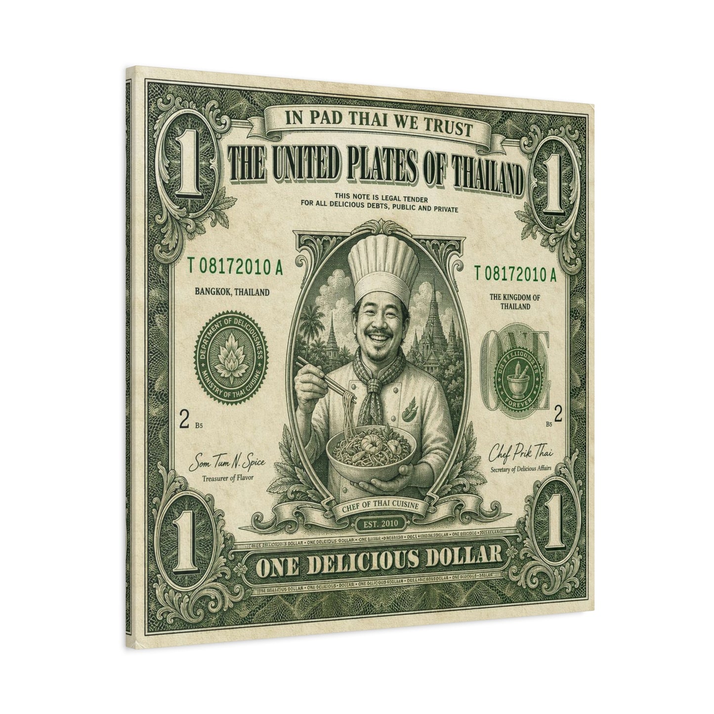 "In Pad Thai We Trust" Typography Canvas Wall Art - Vintage Thai Currency Illustration, Chef Portrait, Bangkok Thailand Food Poster Style - Kitchen Wall Decor, Dining Room Accent - Ready to Hang