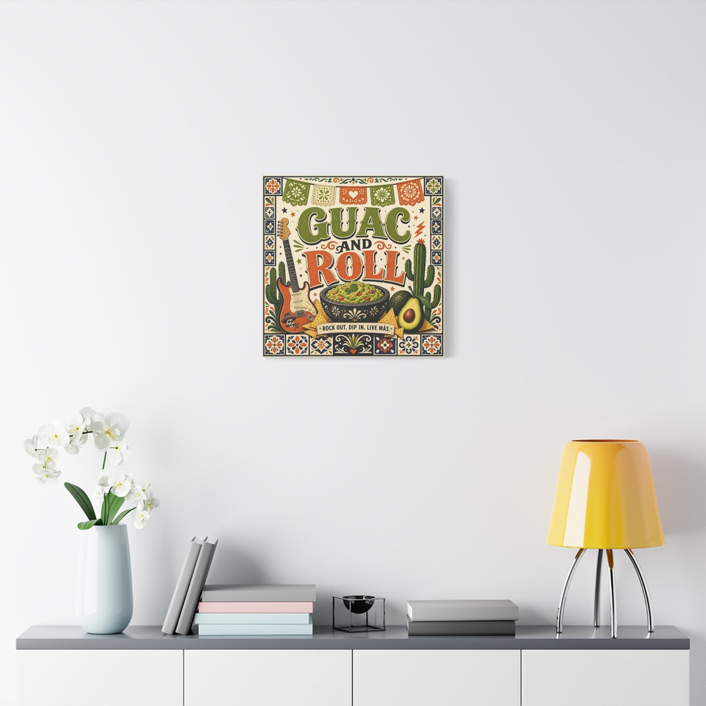 "Guac And Roll" Typography Canvas Wall Art - Fiesta Guitar, Cactus, Avocado Folk Illustration - Bohemian Rustic Style - Kitchen Wall Decor, Dining Room Accent, Cafe Wall Decor - Modern Farmhouse Style