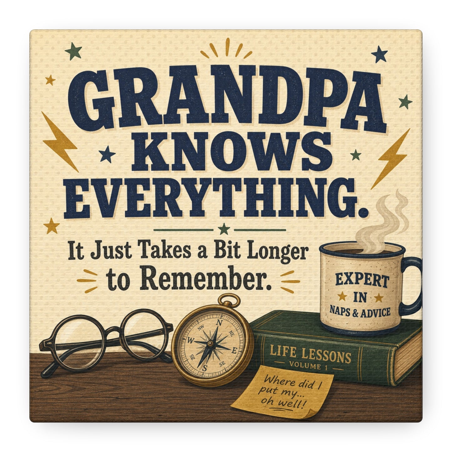 "Grandpa Knows Everything. It Just Takes A Bit Longer To Remember." Canvas Wall Art - Vintage Grandpa Quote Print, Rustic Typography Decor, Living Room Home Decoration - Office Wall Art