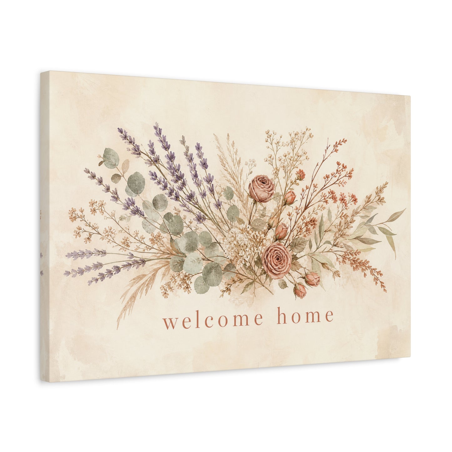 "Welcome Home" Floral Canvas Wall Art - Rustic Botanical Bouquet, Lavender Rose Eucalyptus Print - Farmhouse Wall Decor, Entryway Home Decoration - Ready to Hang - Modern Farmhouse Style